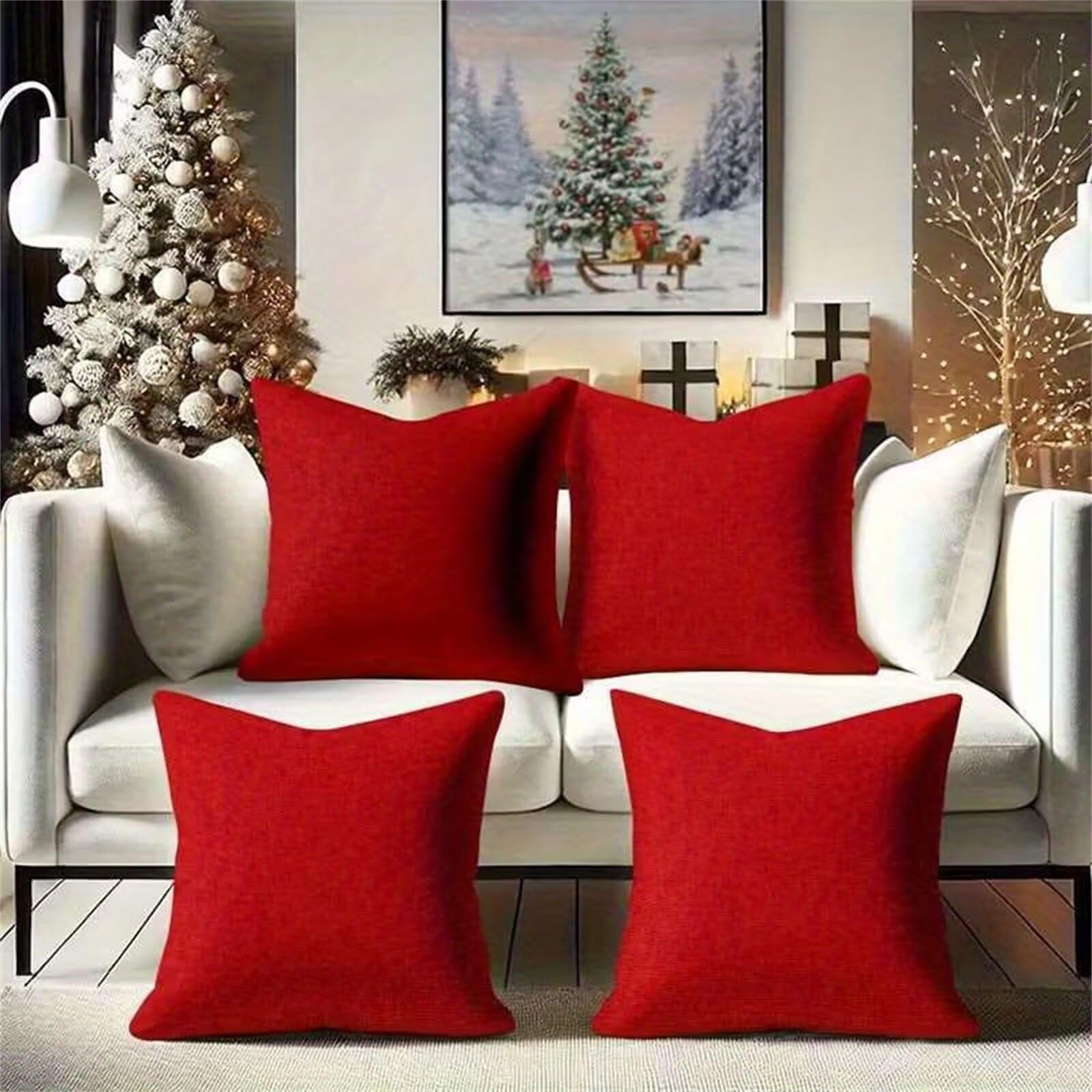 QiHon Cushion Covers 65x65 cm Set of 4 Red Linen Square Pillow Cases 26x26 inch Modern Decorative Throw Pillow Covers for Sofa Couch Bedroom Home Office with Invisible Zipper