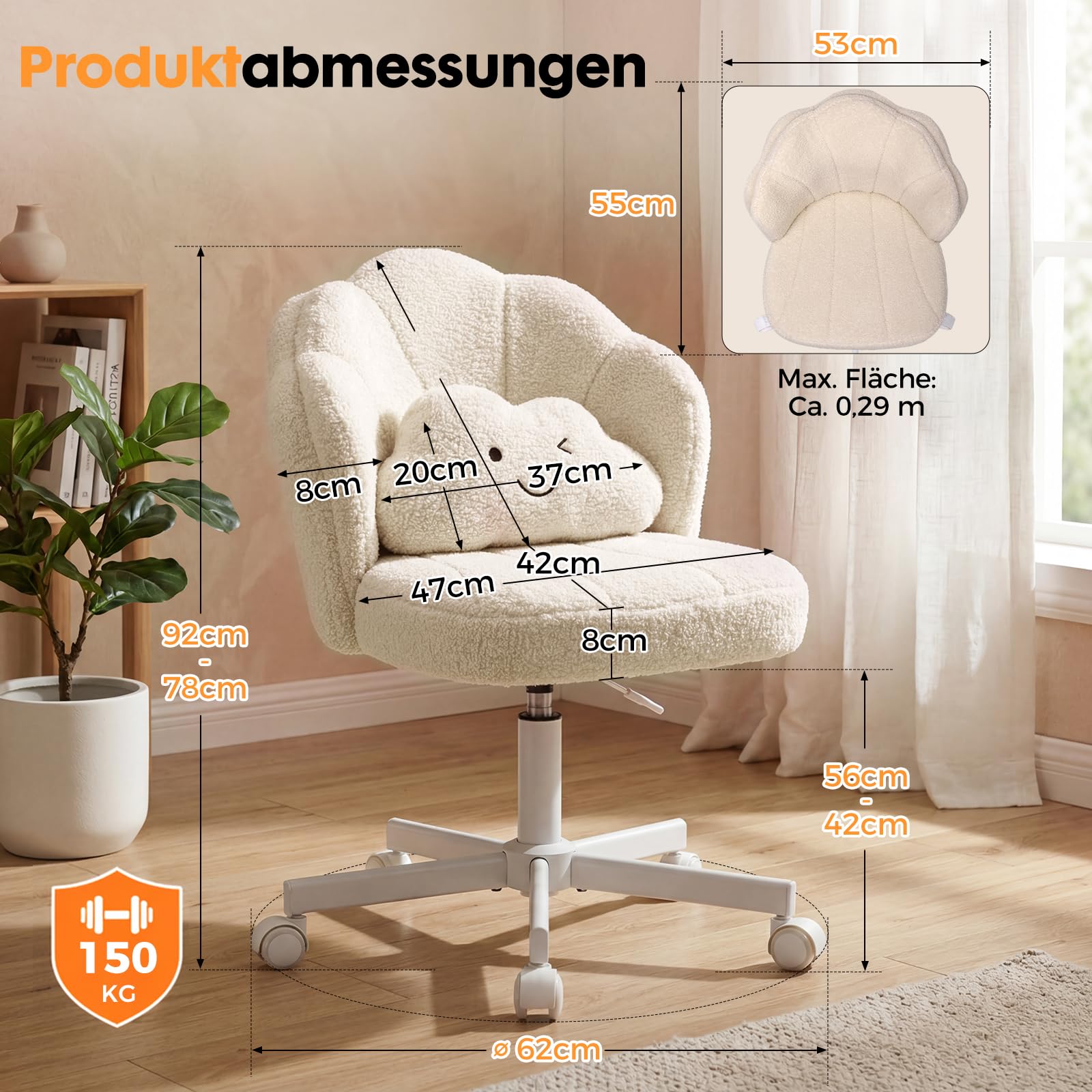 COMHOMA Schminkstuhl mit Rollen in Blütenform, Schreibtischstuhl mit Doppelter Rückenlehne und Wolkenkissen, Höhenverstellbarer Drehstuhl, Bürostuhl für Schlafzimmer, Homeoffice, Teddystoff, Beige