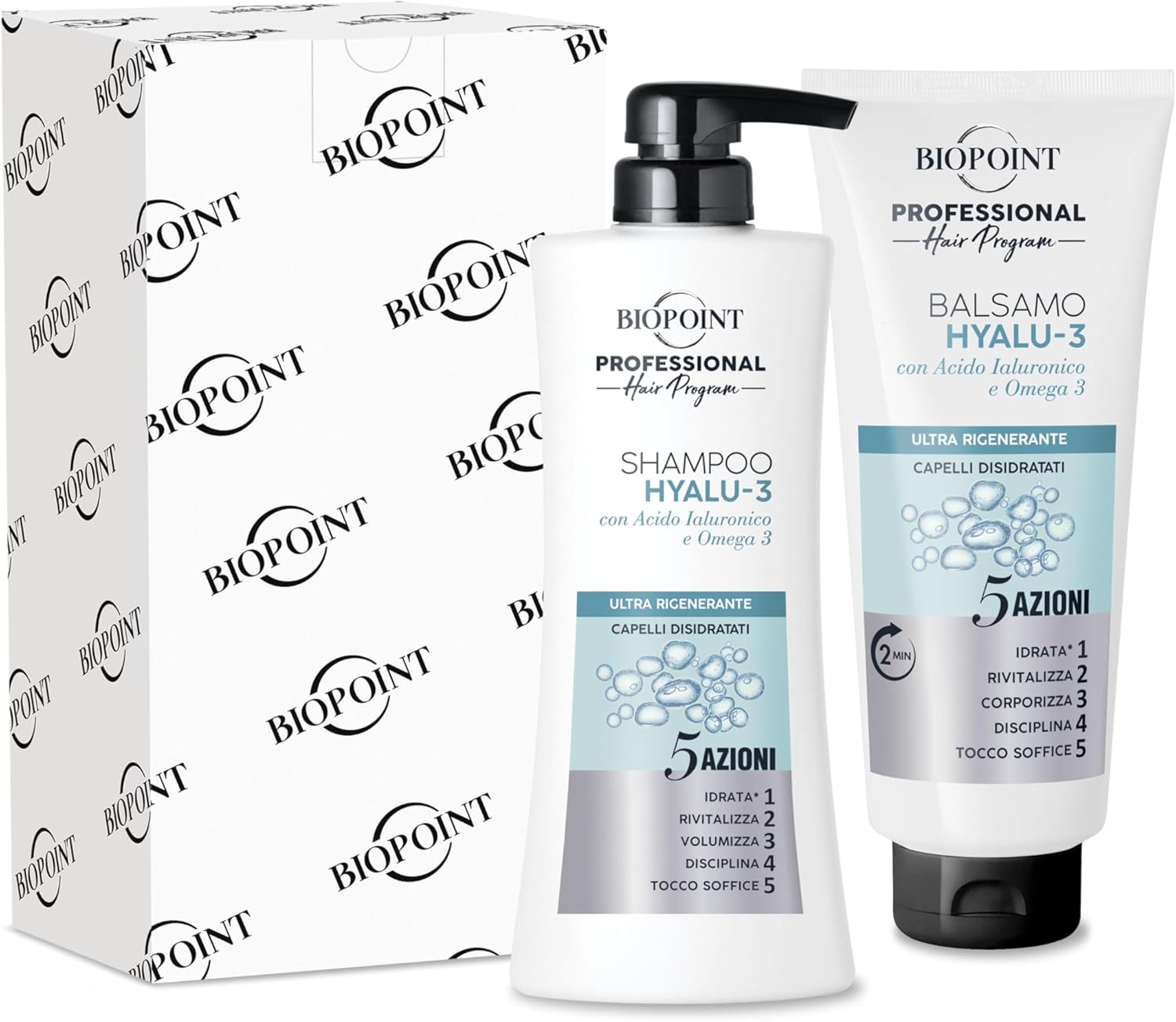 Biopoint Professional Hair Program - Kit HYALU-3, Formula Ultra Rigenerante, contiene Shampoo 400 ml + Balsamo 350ml, Dona Vitalità e Benessere ai Capelli Secchi e Disidratati