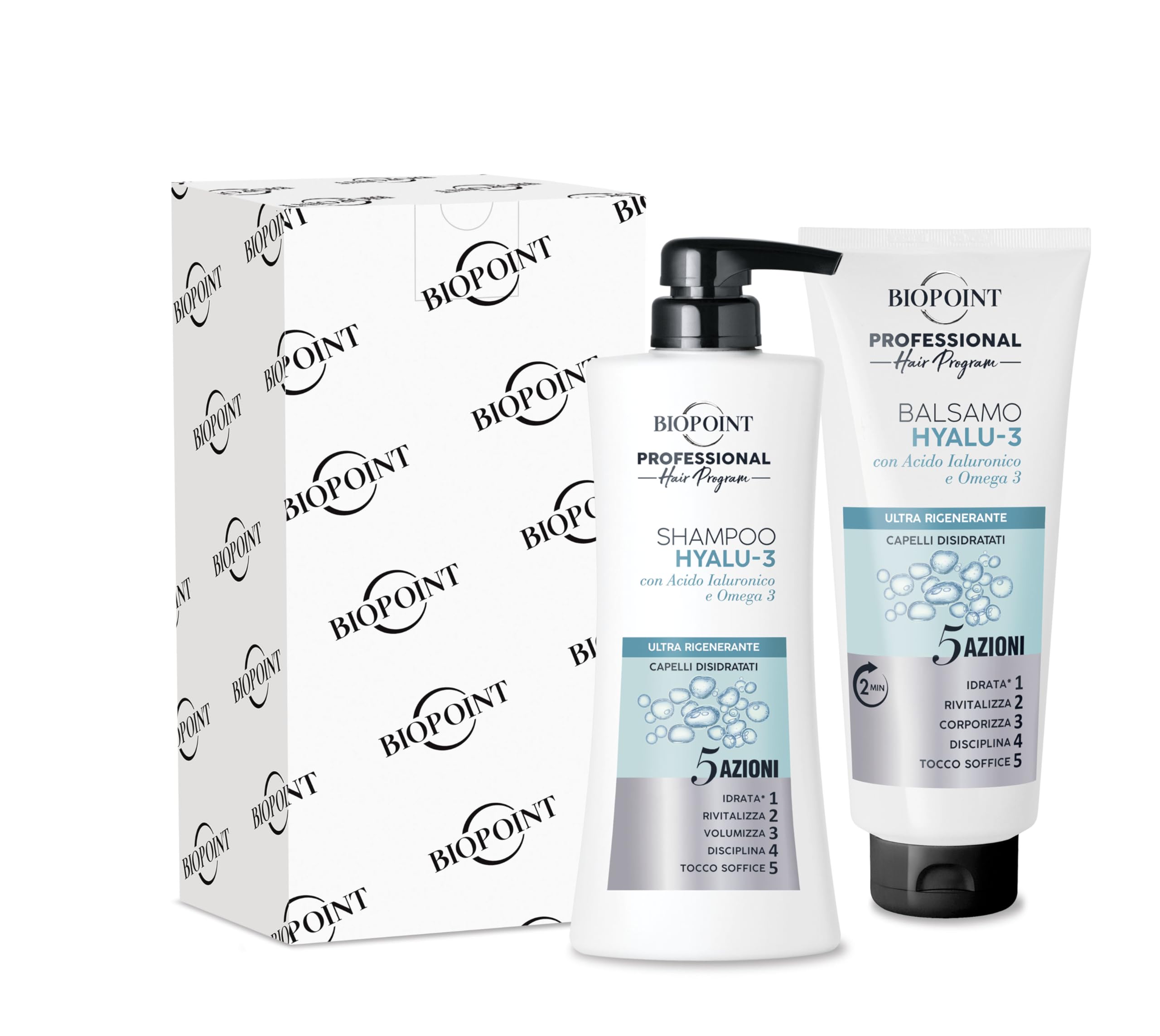 Biopoint Professional Hair Program HYALU-3 Ultra regenerujący zestaw do włosów, zawiera szampon 400 ml + odżywkę 350 ml, zapewnia witalność i dobre samopoczucie suchym, odwodnionym włosom