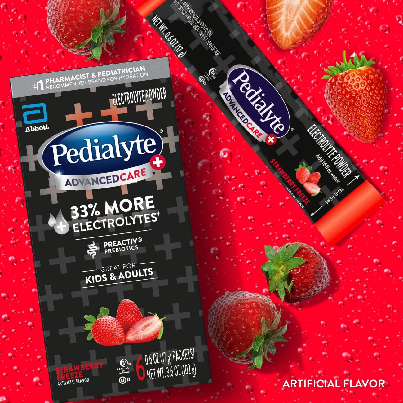 Pedialyte AdvancedCare Plus Electrolyte Powder, Has 33% More Electrolytes and PreActiv Prebiotics, Strawberry Freeze, 6 Powder Packets