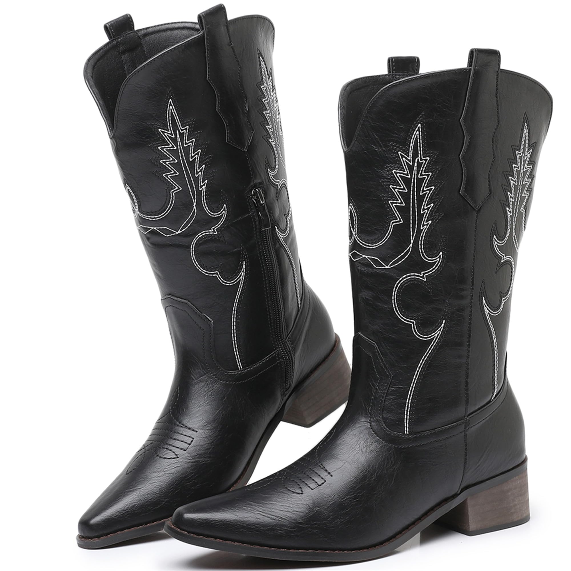Cowboy Boots for Women, Cowgirl Boots with Embroidery Chunky Heel Pointed Toe Pull On Mid Calf Vintage Western Fashion Boots for Ladies 7 Black