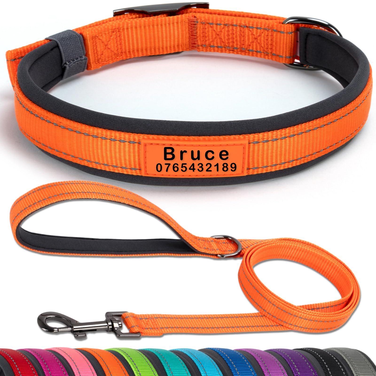 SEOUGEE Personalised Dog Collar and Lead Set | Durable Metal Buckle | Ultra Wide Soft Neoprene Padded | Adjustable Reflective Dog Collar for Medium Large Dogs (XL, Orange Set 57-67cm)