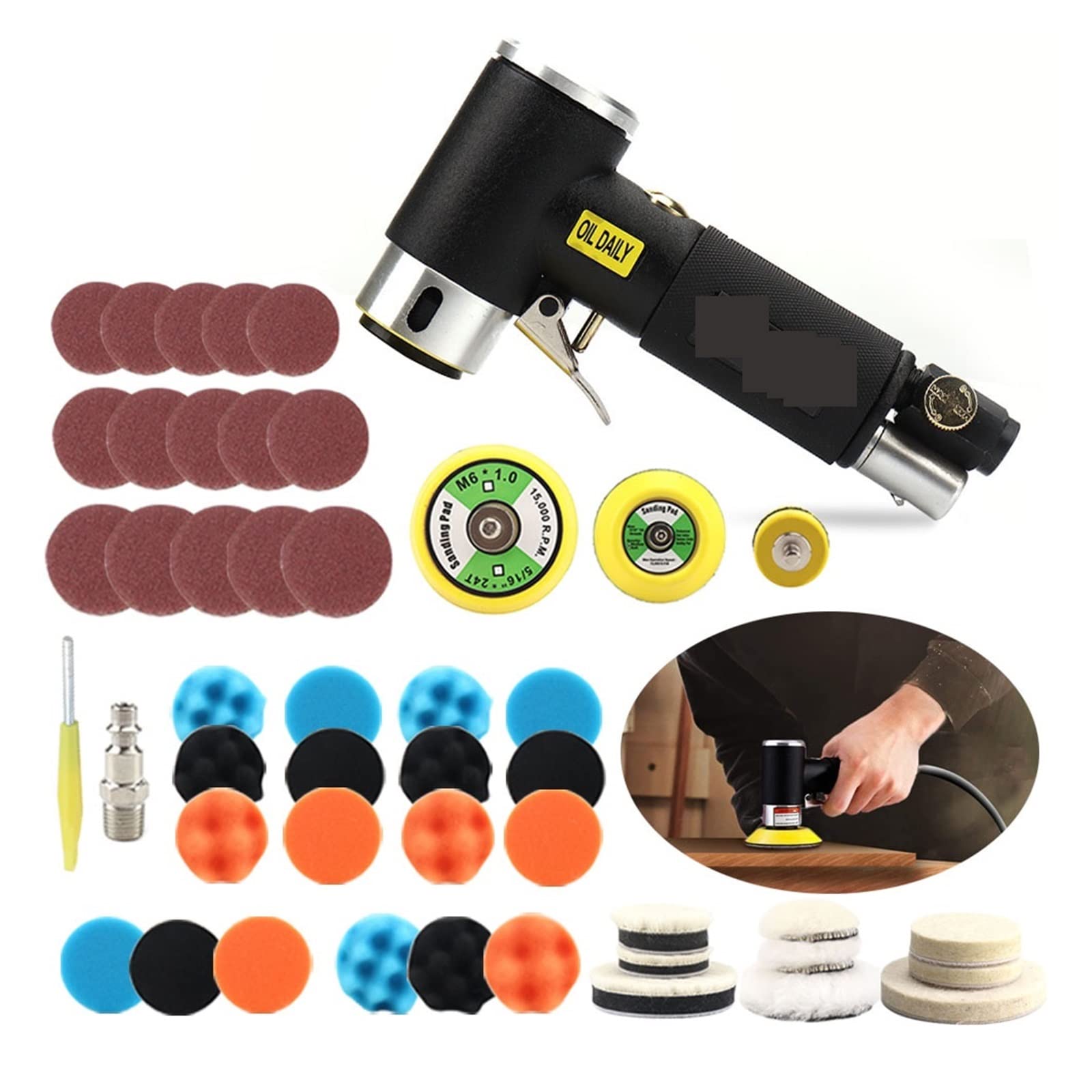 LNHHG Mini Metal Burnishing Machine Orbital 1inch 2inch 3inch Air Sander Pneumatic Polishing Grinding Tools Buffer Dual Action Polisher For Car(Black set)