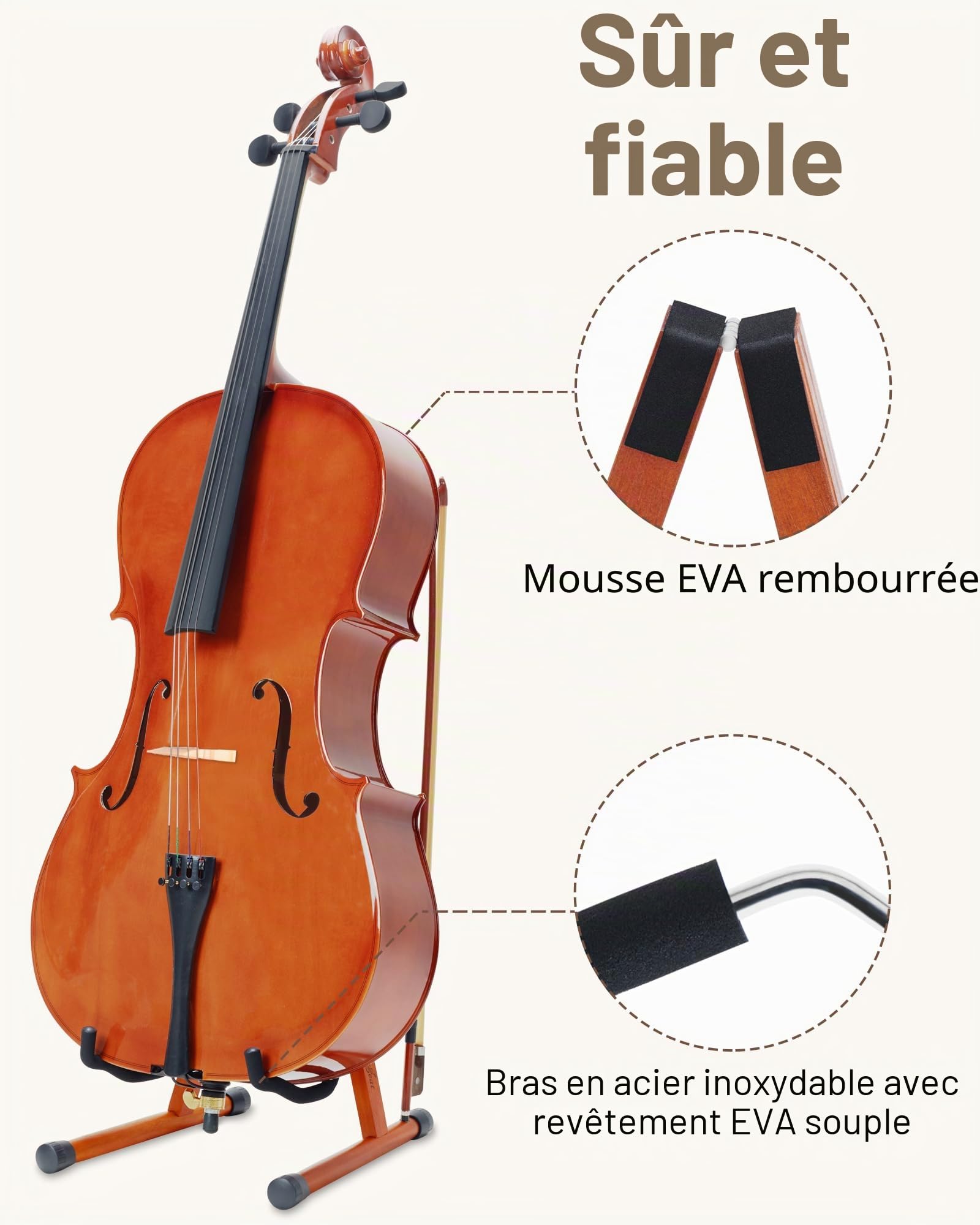 Support de violoncelle en forme de A avec mousse rembourrée, support de violoncelle en bois fabriqué à la main avec trou pour archet pour violoncelle, support en bois d'acajou pour violoncelle