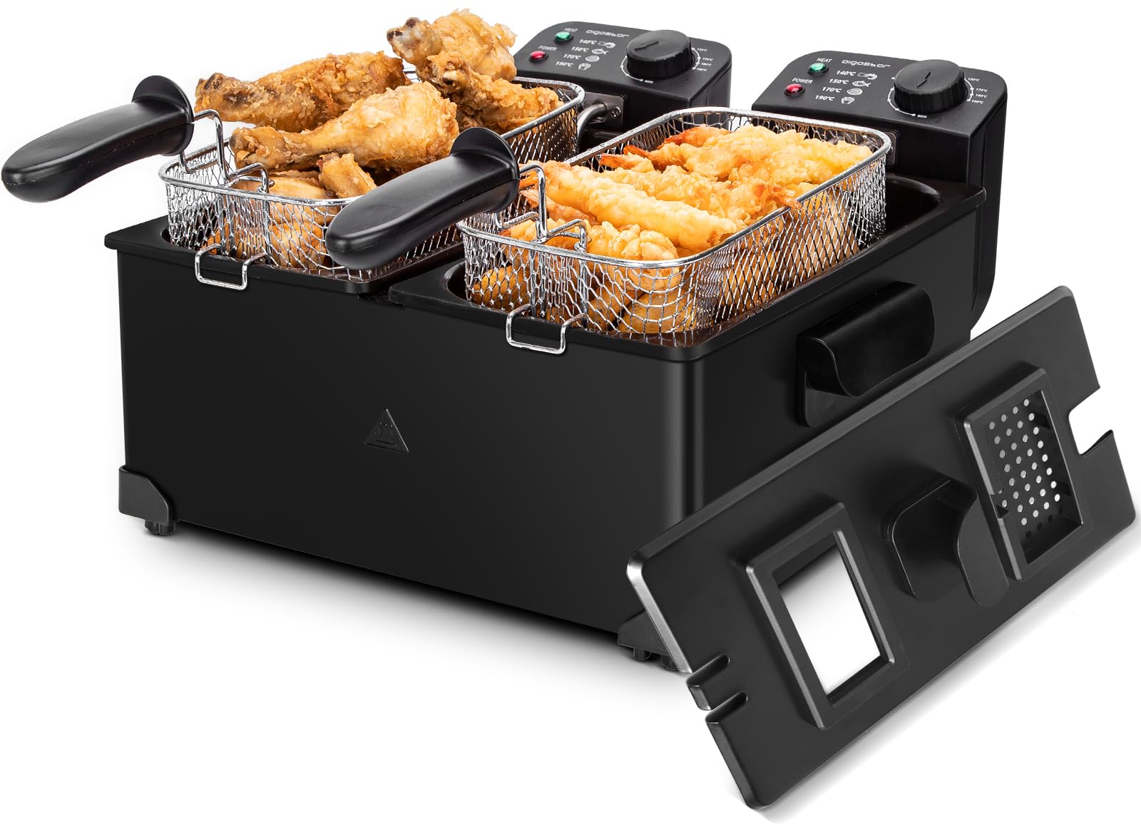 Aigostar Feast - Freidora 6L (2x3L) Acero Inoxidable, 3600W, Termostato Ajustable (90-190°C), Tapas con Ventana, Filtro de Humo, Asas Desmontables, Automático, Esmaltado, Libre de BPA