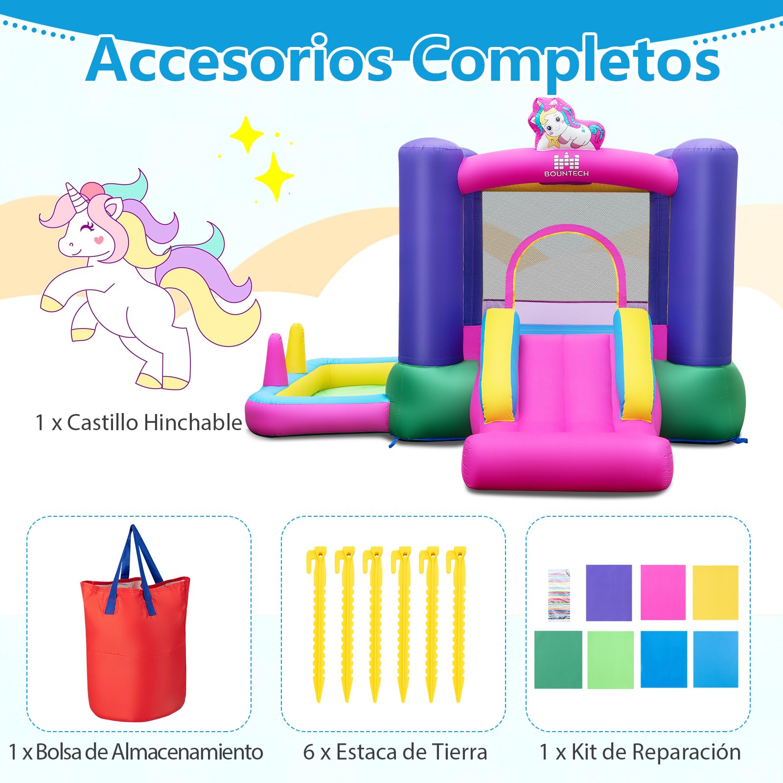 COSTWAY 6 en 1 Castillo Hinchable para Niños, Castillo Hinchable Grande con Tobogán, Piscina de Pelotas, Área de Salto, 287 x 296 x 183 cm, Insuflavel Criança para Interior y Exterior (sin Soplador)