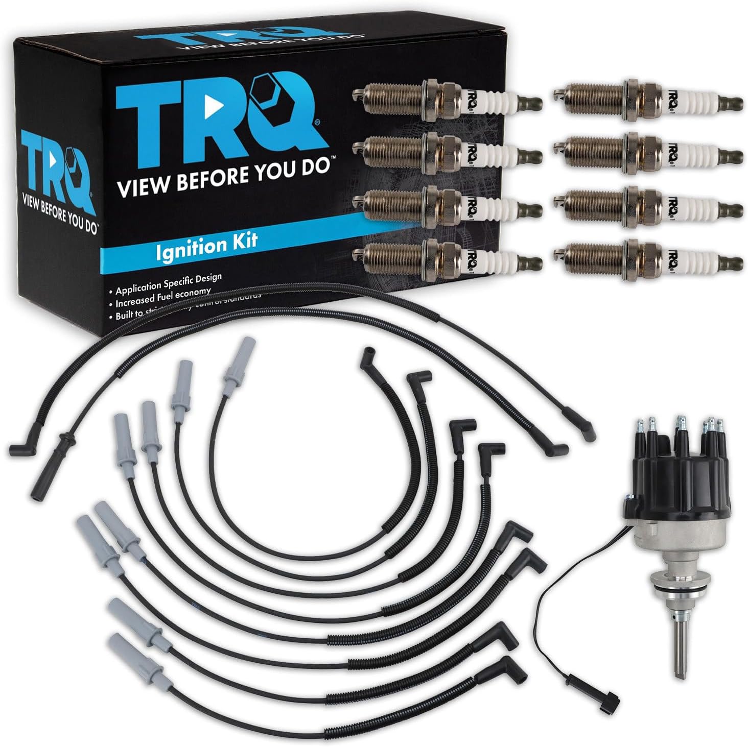 TRQ Ignition Coil and Spark Plug Kit 10 Piece Distributor Spark Plug Wires Compatible with 1996 Dodge B1500 B2500 B3500 Dakota Ram 1500 Ram 2500 Ram 3500 1997 B2500 B3500 Ram 1500 Ram 2500 Ram 3500