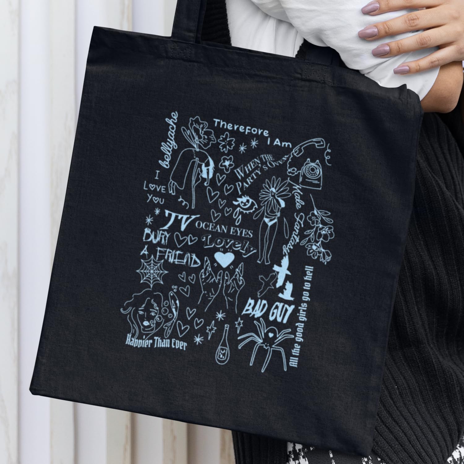 Willow Gifts Billie Doodle Tote Bag - Eilish Happier Than Ever Bad Guy Ocean Eyes Bury a Friend Carrier Shopper Shopping Bag (Black) - Image 2