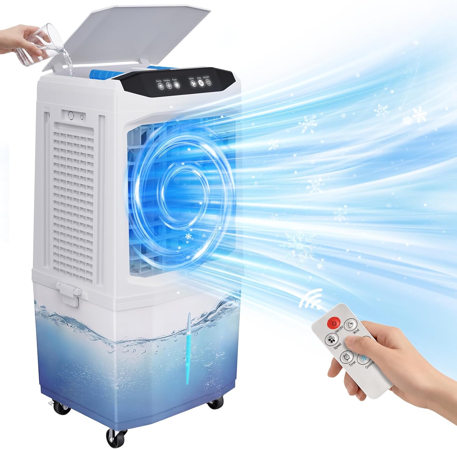 Cooler Fan, 90° Auto Swing Air Cooling Fan, 7 Gal Water Tank for 30H Cooling, 3 Modes & 3 Speeds,12H Timer