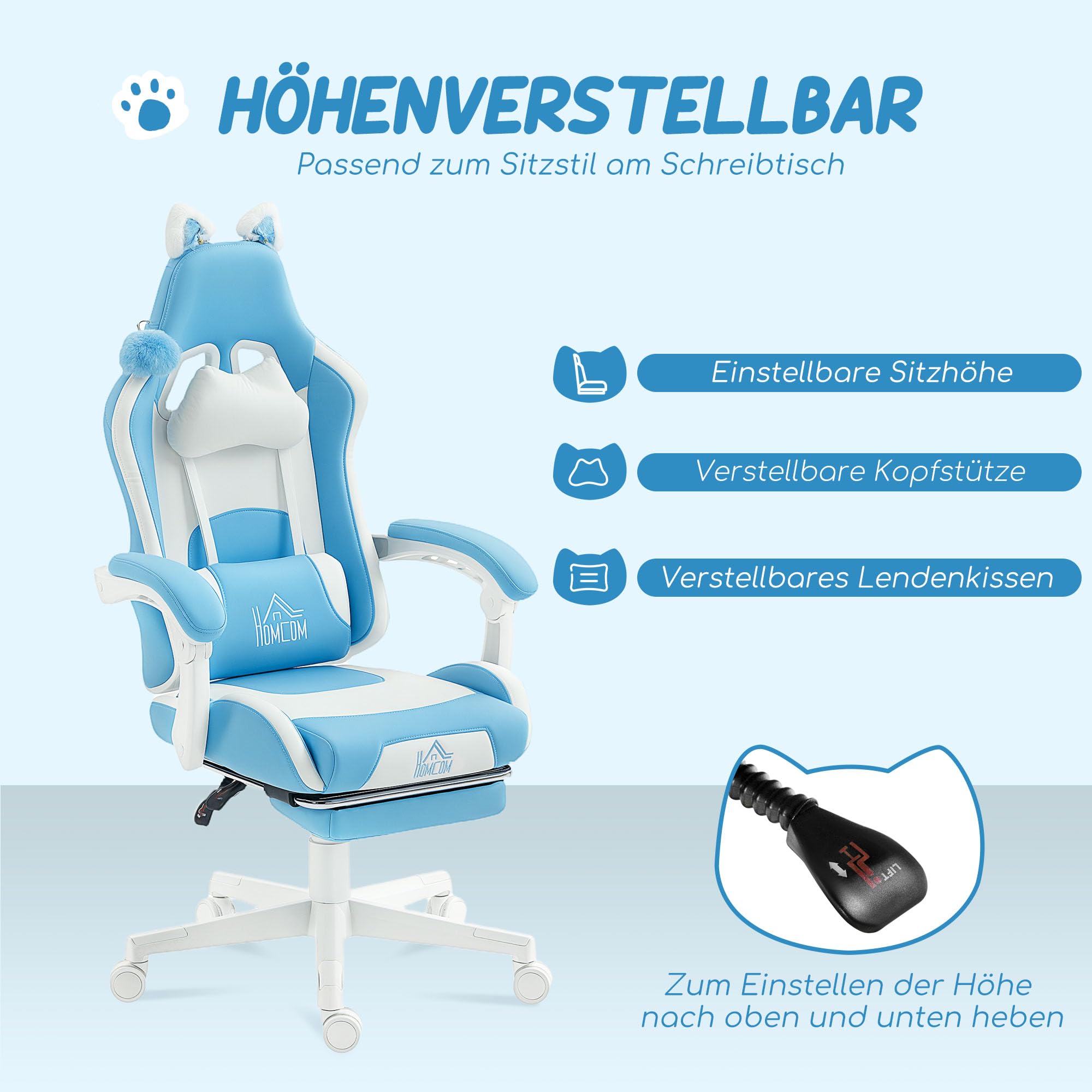 HOMCOM Fotel gamingowy, ergonomiczny fotel dla graczy z podparciem okolic lędźwiowych, podnóżek, fotel gamingowy z kocimi uszami, poduszka pod głowę, regulowana wysokość, krzesło biurowe z funkcją