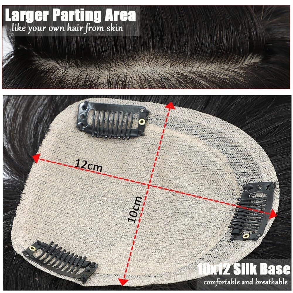 Topper for Frauen, Echthaar, 10 x 12 cm, Seidenbasis, 150 Dichte, Clip-In-Topper-Haarteile, Wiglet-Top-Stücke for mehr Volumen Haar Extensions(Black No Bangs,10inch)