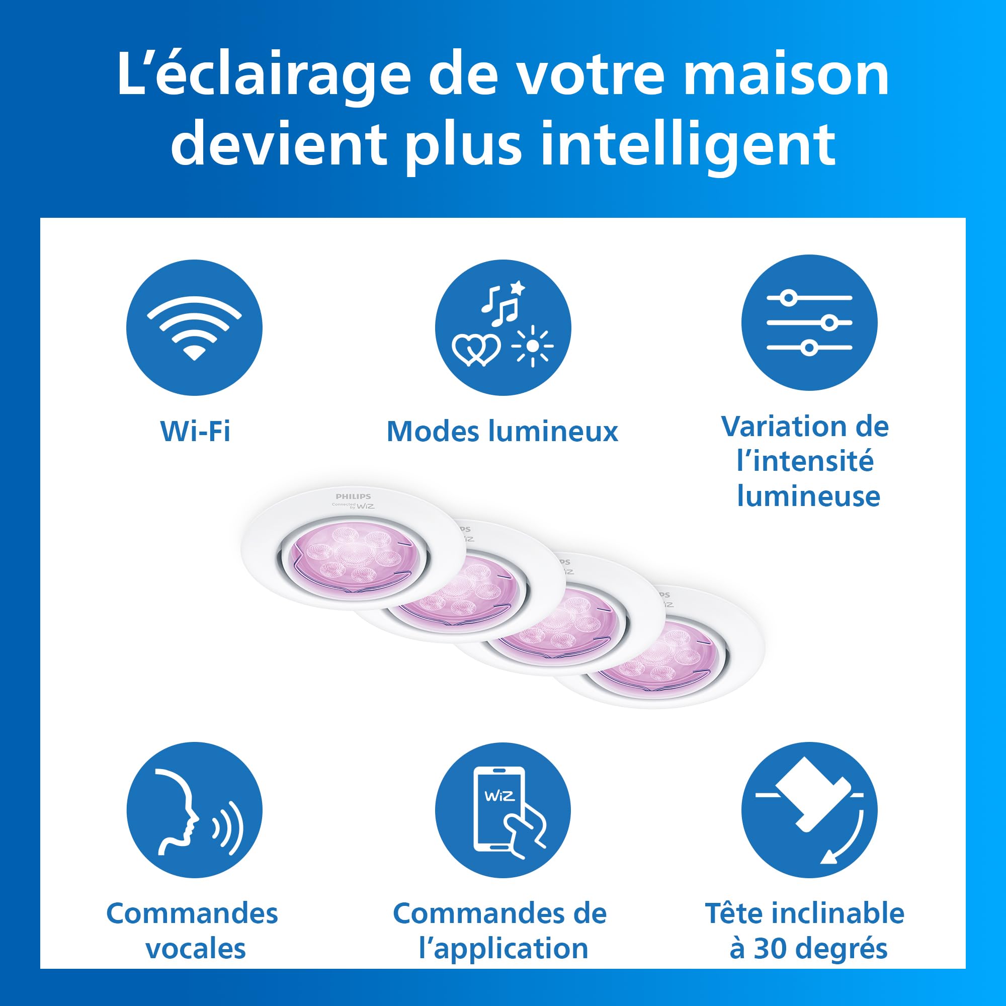 Philips Smart Lighting Kit GU10, Pack de 4, Spot Plafond, Blanc et Couleur Réglable, Tête Inclinable, Intensité Réglable, Commandes via App et Voix, Blanc