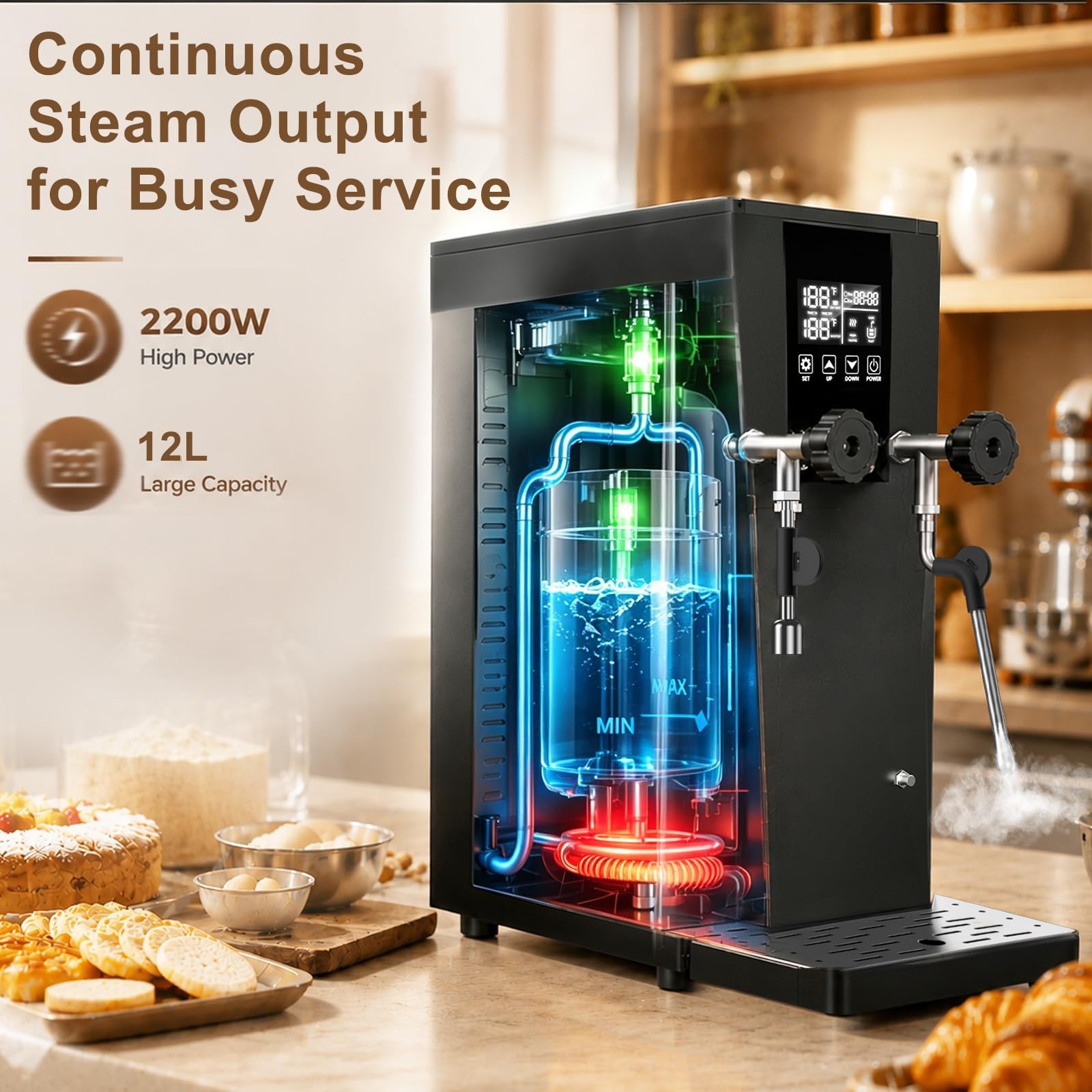 Spieniacz do mleka i dozownik gorącej wody, w pełni automatyczna maszyna 2 w 1 z wyświetlaczem LCD, pojemność 12 l na kawę, herbatę mleczną i latte