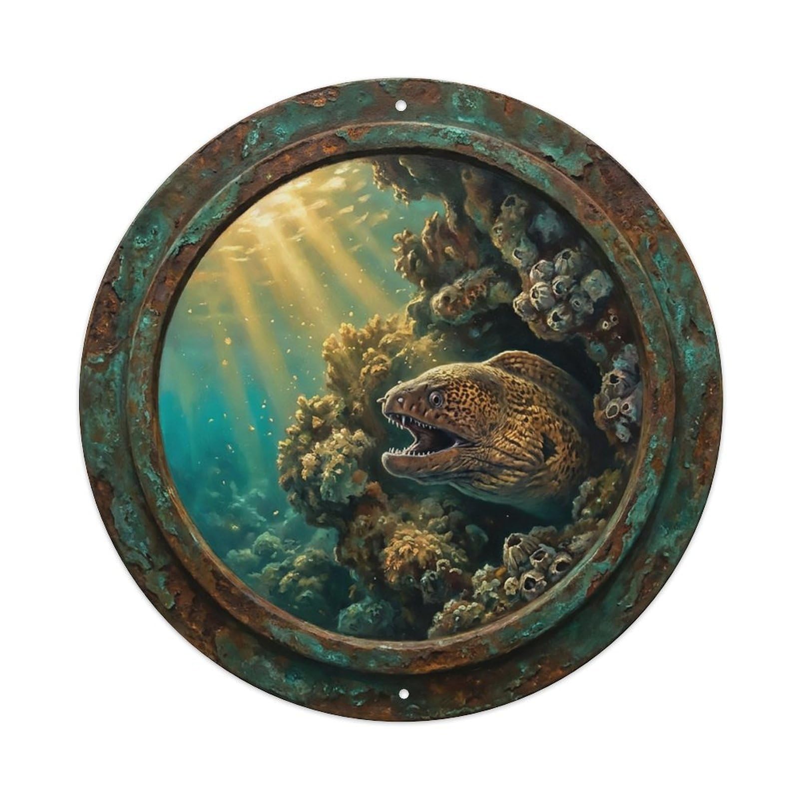 Vintage Porthole Moray Eel Lurking Ship Window Undersea Deep Sea Metal Tin Sign