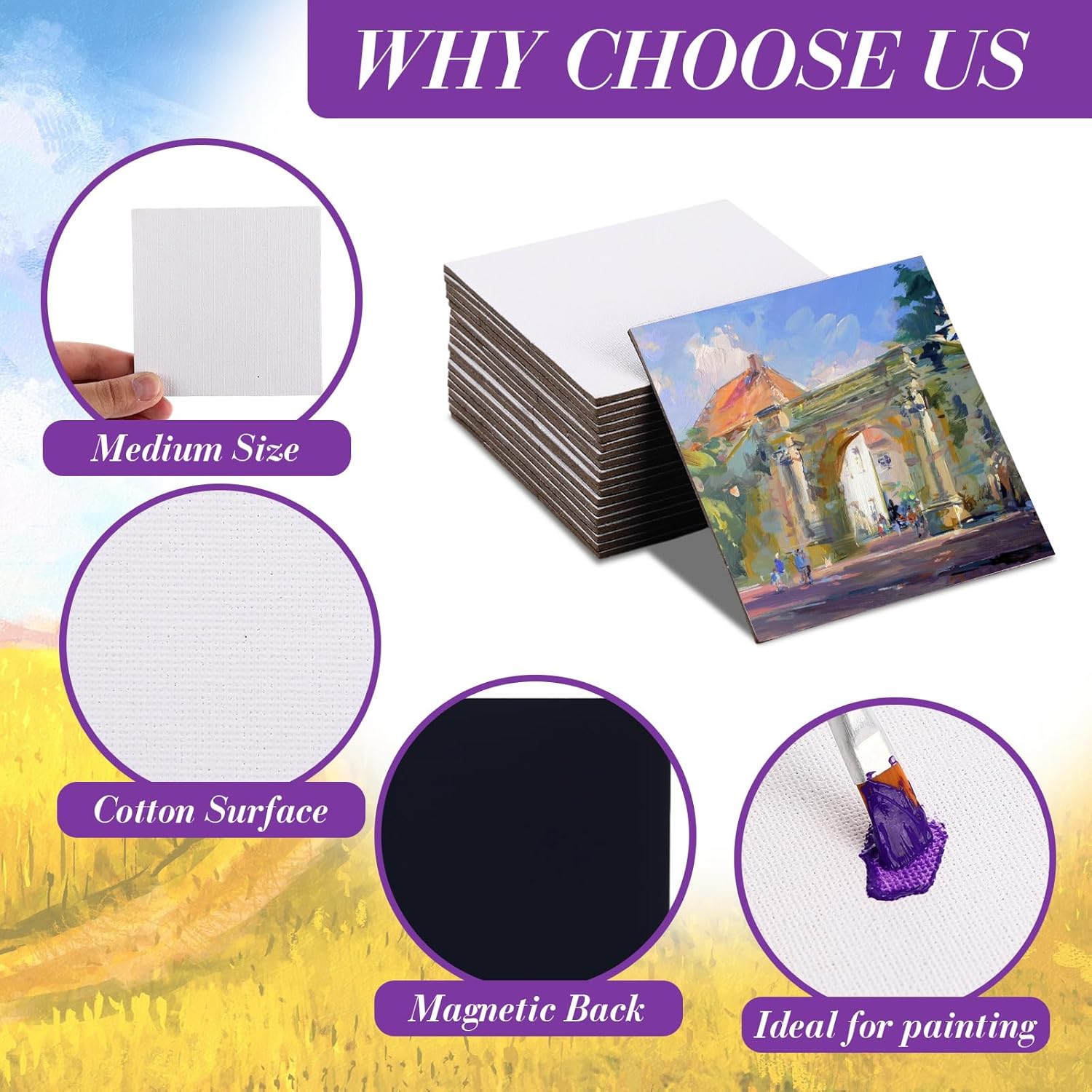 Honoson 60 Pcs Mini Magnetic Canvas Panel for Painting 4 x 4 Inch Small Square Flat Canvas Board with Magnet Back Art Gift Bulk for Refrigerator Christmas Painting