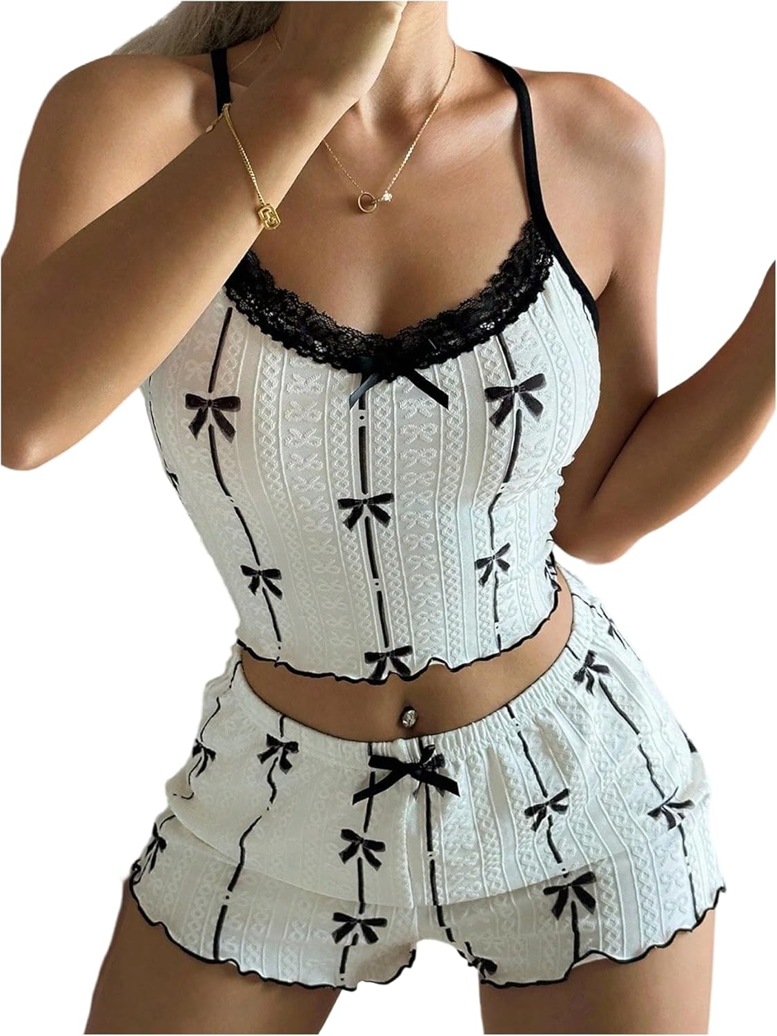 SOLY HUX Women's Bow Print Lace Pajama Set Cute Cami Tops and Shorts Sleepwear Loungewear