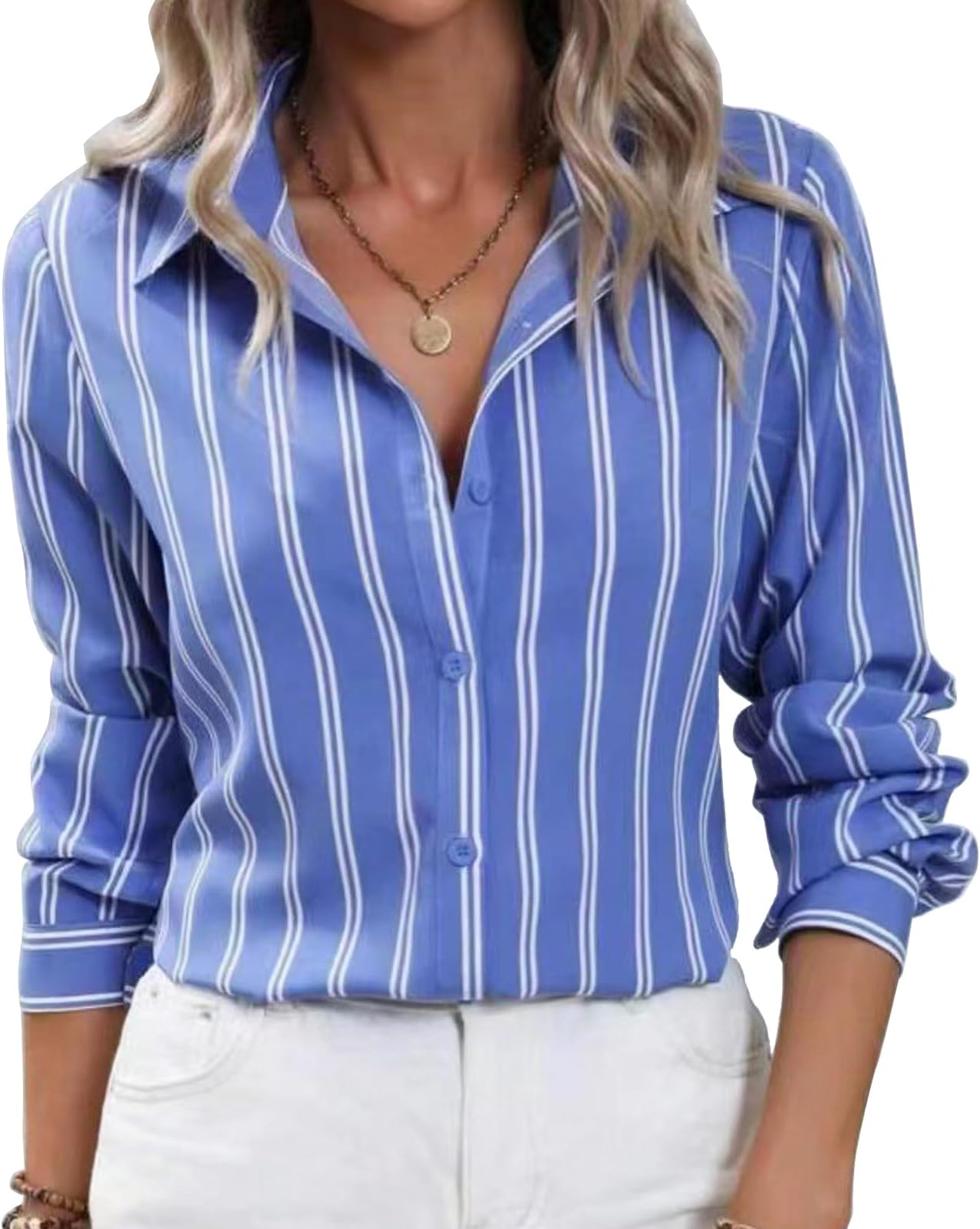 Womens Button Down Shirts Striped Classic Long Sleeve Collared Office Work Blouses Tops