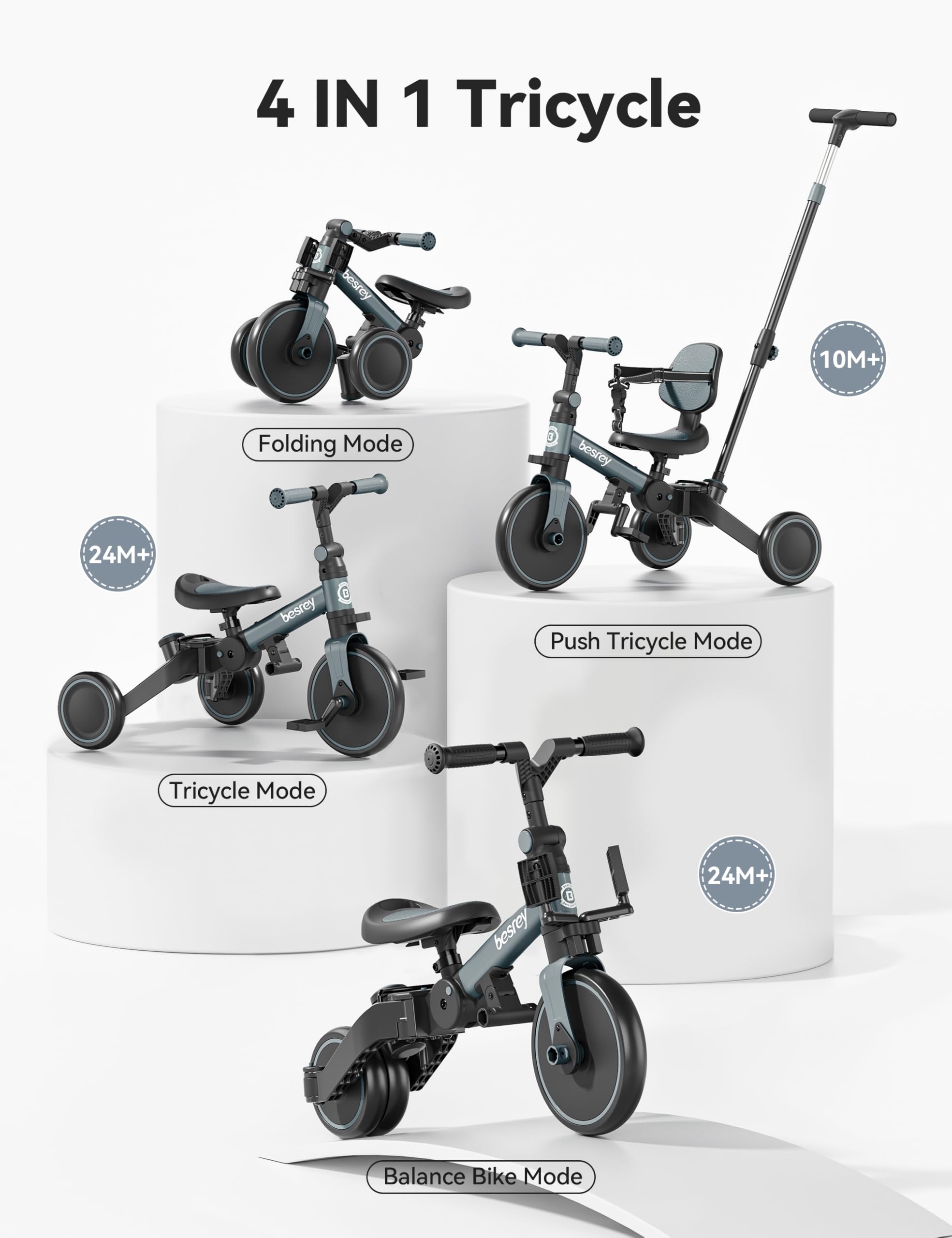 besrey Bicicleta para niños pequeños con manija de Control Parental para niñas y niños de 1 a 3 años, Triciclo para niños, Triciclo para niños pequeños con Pedal extraíble, Asiento Ajustable