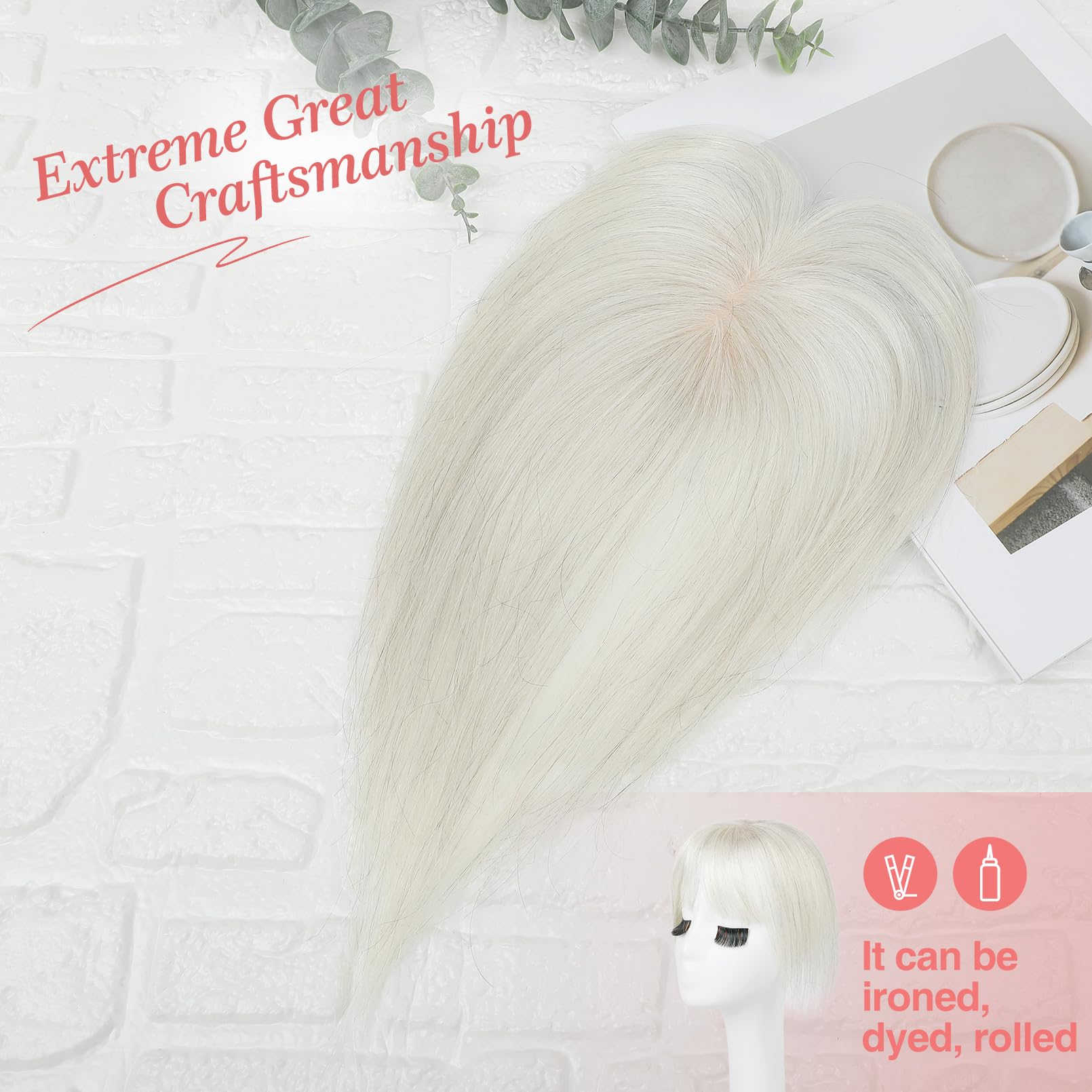 Flufymooz Real Human Hair Toppers for women 10 Inch Clip in Bangs 100% Human Hair Toppers for Thinning Hair Cover Hair Pieces with 150% Density Silk Base-Silver White - Image 4