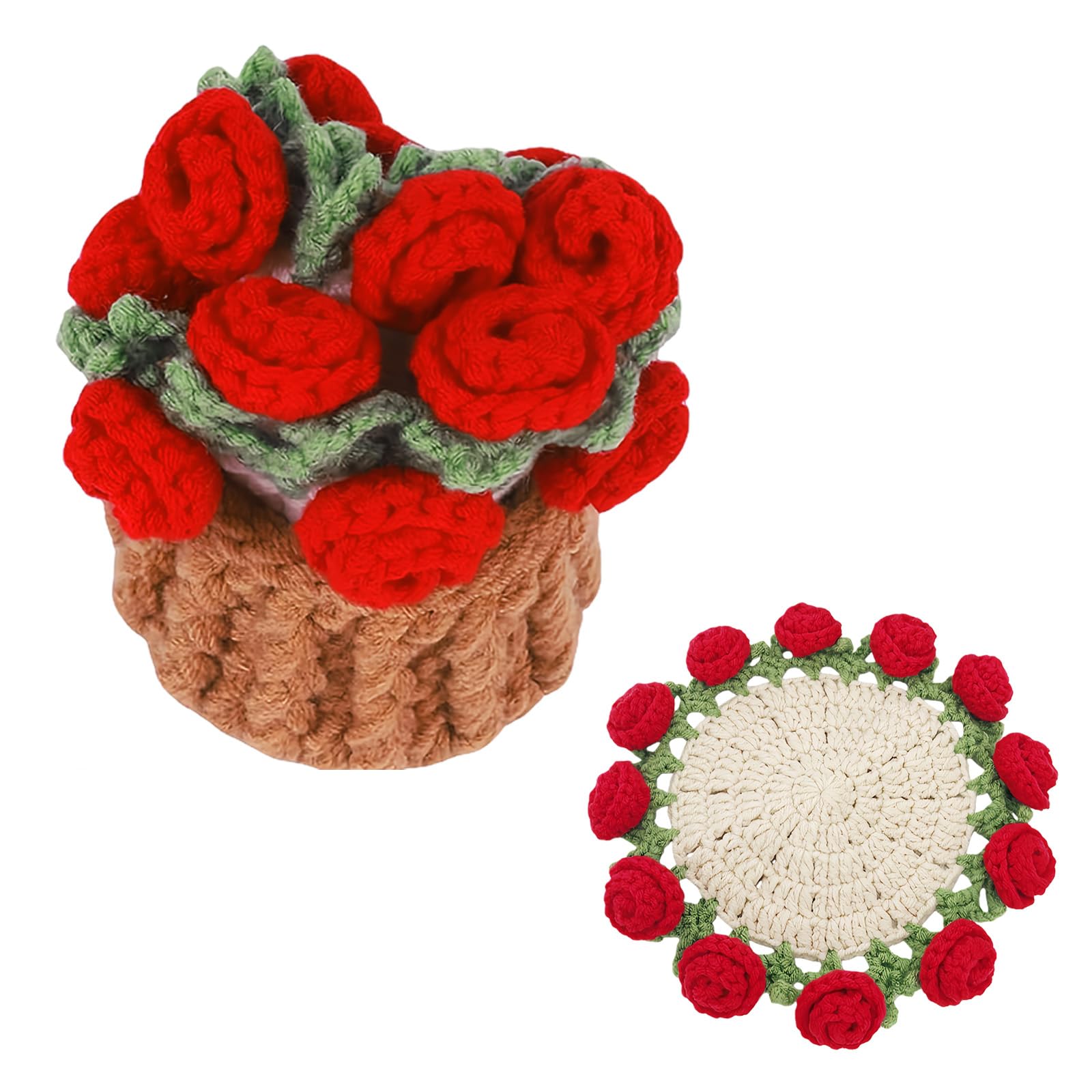 Richaa Crochet Red Rose Flower Bouquet Coaster with Mini Basket, Handmade Knitted Boho Floral Coasters, Romantic Gift for Mother's Day Birthday Home Decor Valentine's Day Anniversary