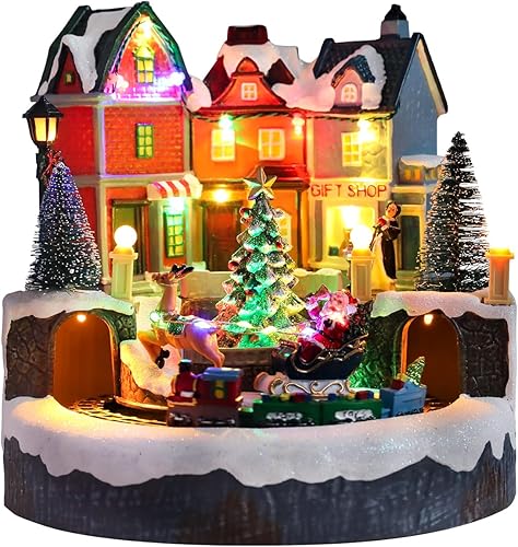 Bdor Casa de pueblo navideño con tren giratorio Decoración musical iluminada de mesa de Navidad con trineo de Papá Noel y luces LED Decoración de