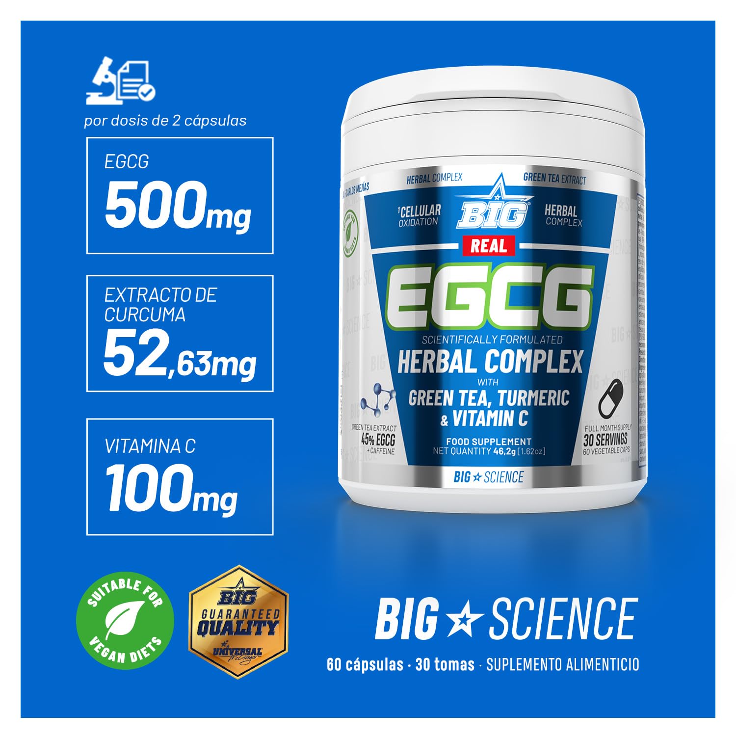 BIG - Real EGCG - Extracto de Té Verde para Adelgazar - Cápsulas de Green Tea Naturales - Alta Concentración de EGCG - Antioxidante y Quema Grasa - Materia Prima Premium - Vegano, Alta Pureza (60 Cáp)