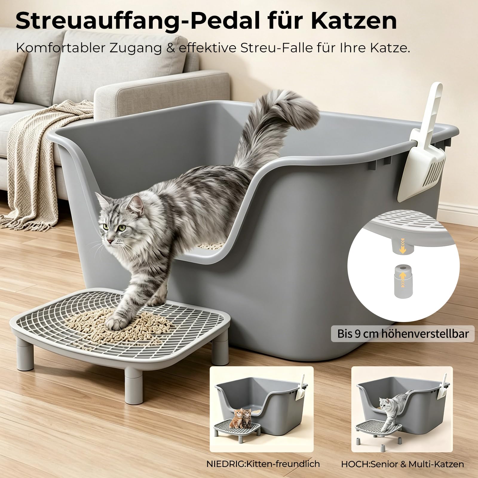 XXL Katzenklo Riesig (126L) – 78,5x54,5x40,9 cm, Grau – Extra hoch, mit Matte & Schaufel, für Maine Coon & Mehrkatzenhaushalt