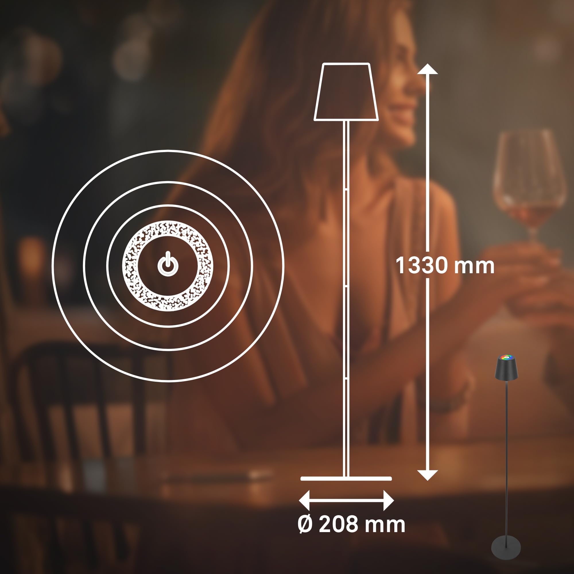 BRILONER - Lampada da terra LED RGBW senza fili con touch, dimmerabile all'infinito, batteria ricaricabile e sorgente luminosa intercambiabile, altezza 133 cm, nero