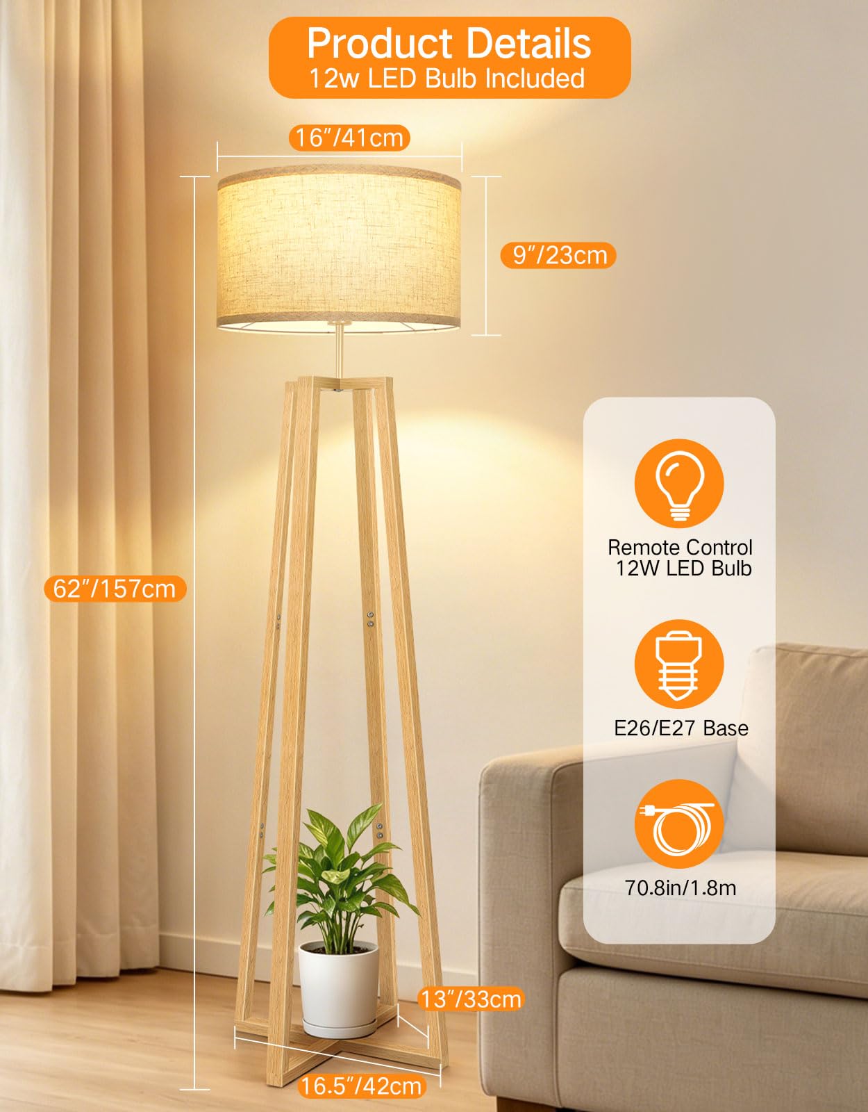 OUTON Dreibein Stehlampe Holz mit Fernbedienung, Dimmbar | 1100LM LED, 3000K-6500K, Leinen Lampenschirm, Massivholz, Timer, Memory Funktion, Fußschalter