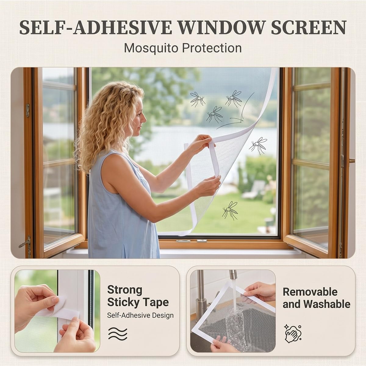 Fliegengitters Fenster Ohne Bohren, Selbstklebend Insektenschutz Netz mit Klettband, Waschbar Mückennetz Fliegenschutz Fiberglas für Schlafzimmer und Wohnzimmer(Weiß,B180 x H230cm)