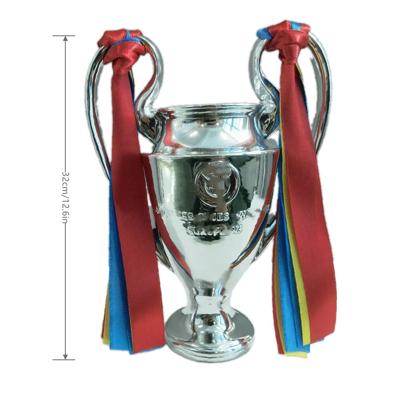 Réplica de trofeo de la Liga de Campeones, plata, 3 16 cm, 32 cm, 44 cm, con cintas rojas, amarillas y azules, regalo coleccionable