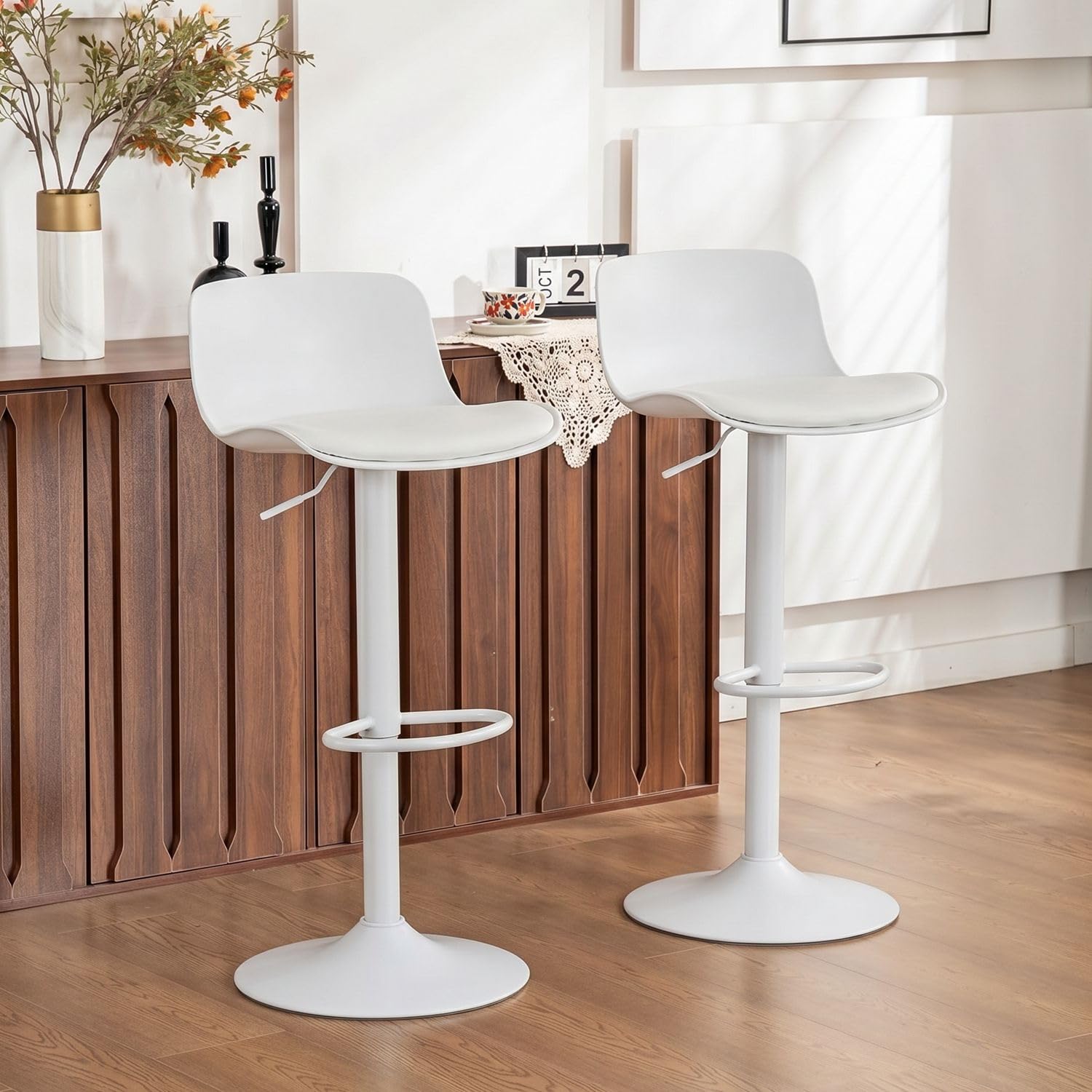 YOUNIKE Furniture Polypropylene Bar Stools Set of 2 with Adjustable Height and 360° Rotation, Ergonomic Streamlined Modern Design High Stool Bar Chair for Kitchen Counter Island, White