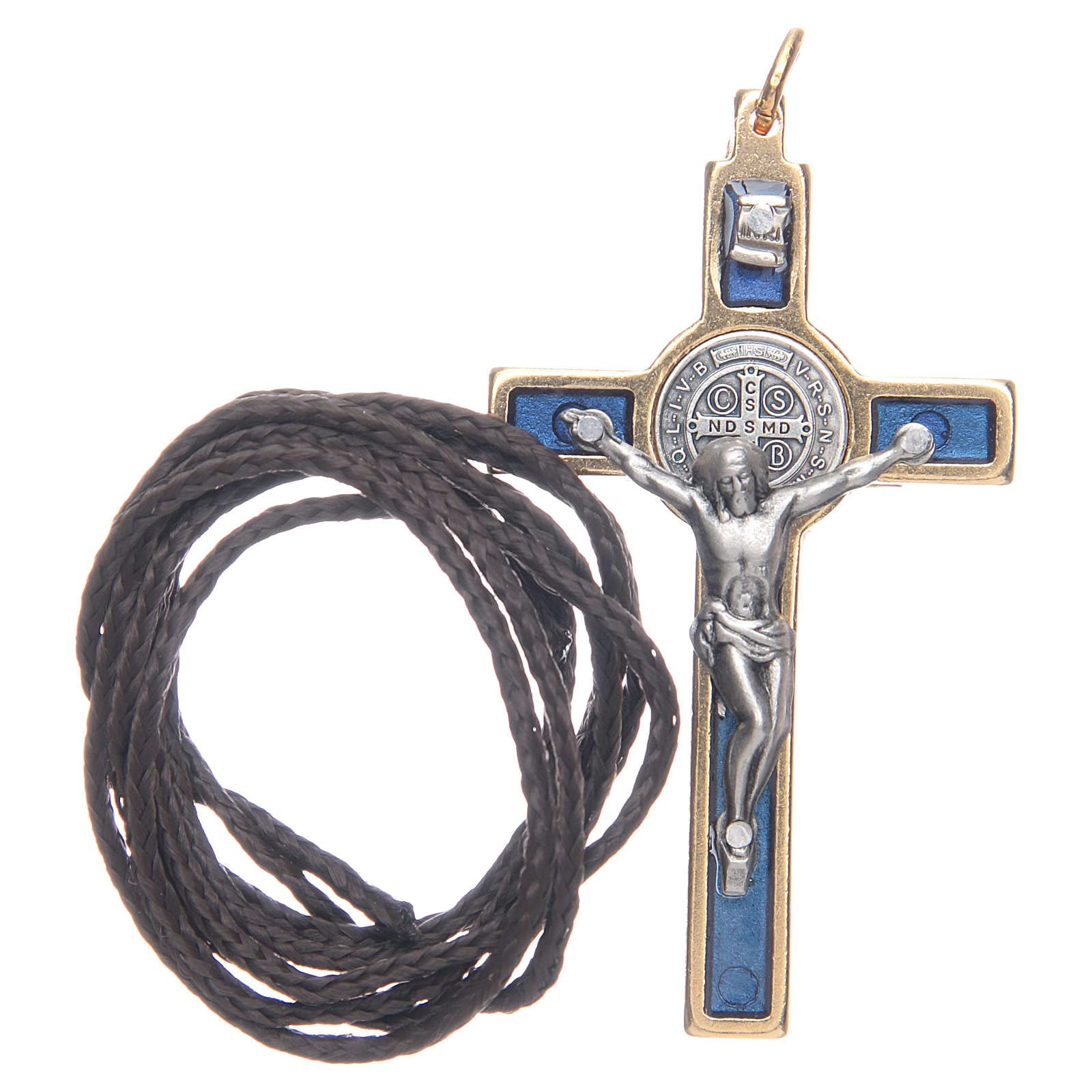 Croix De Saint Benoît En Métal Bleu Avec Base - Pour Table, 6 X 3 Cm, Laiton Argenté