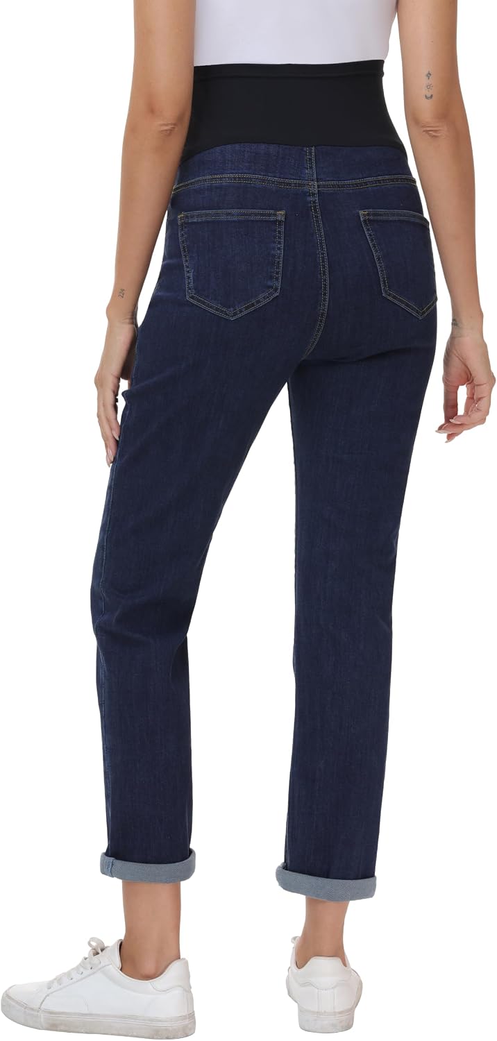 Foucome Women's Maternity Jeans Straight Leg Boyfriend Jeans | Over Belly, Ripped Distressed, Loose Fit, Stretchy Pregnancy Denim Pants with Pockets