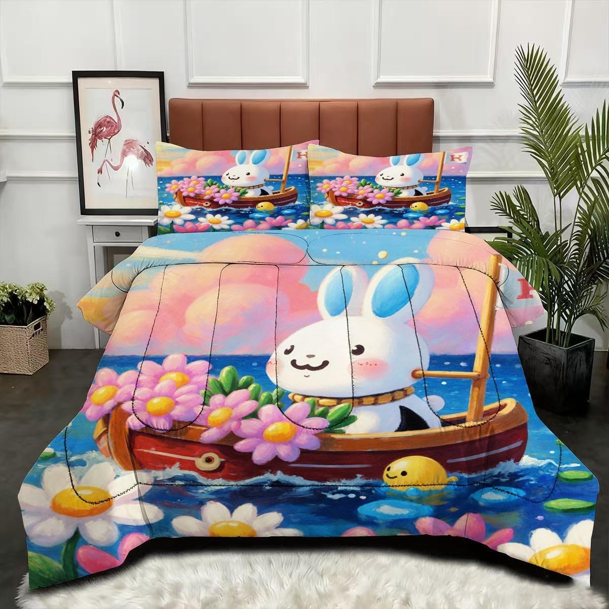 Couette 140x200 imprimé 3D lapin bleu respirante 4 saisons avec taies
