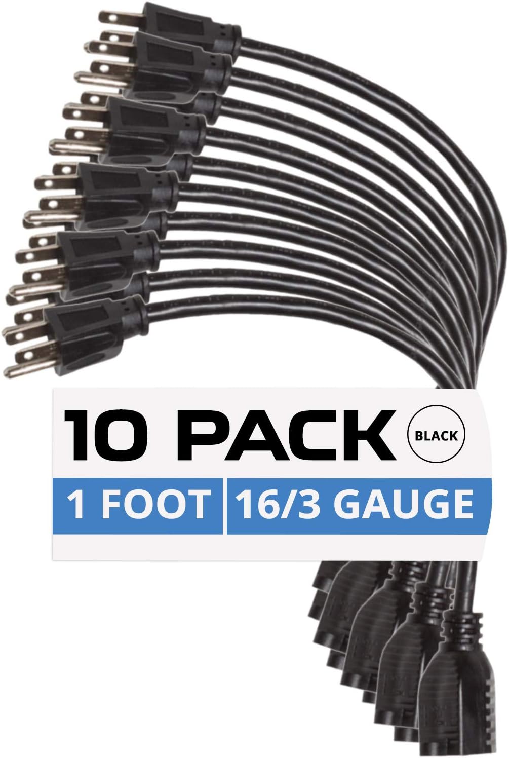 10 Pack of 1 Foot Black Extension Cords 16/3 SJT Electrical Extension