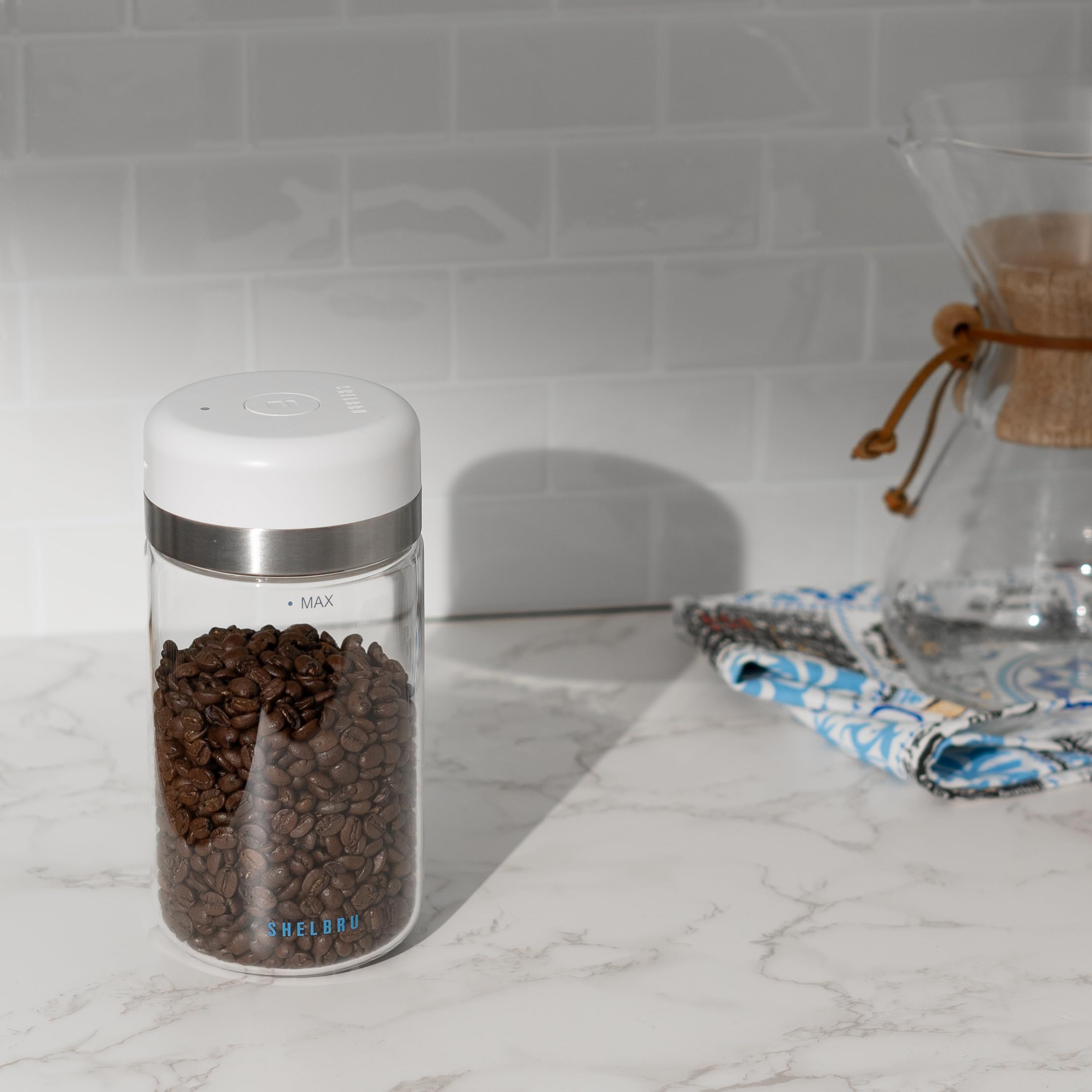 Smart Coffee Container & Food Storage w/Electric Vacuum Seal, Airtight Coffee Canister for Whole & Ground Bean Storage, Durable Borosilicate Glass Jar, Charging Cable Included, 250g