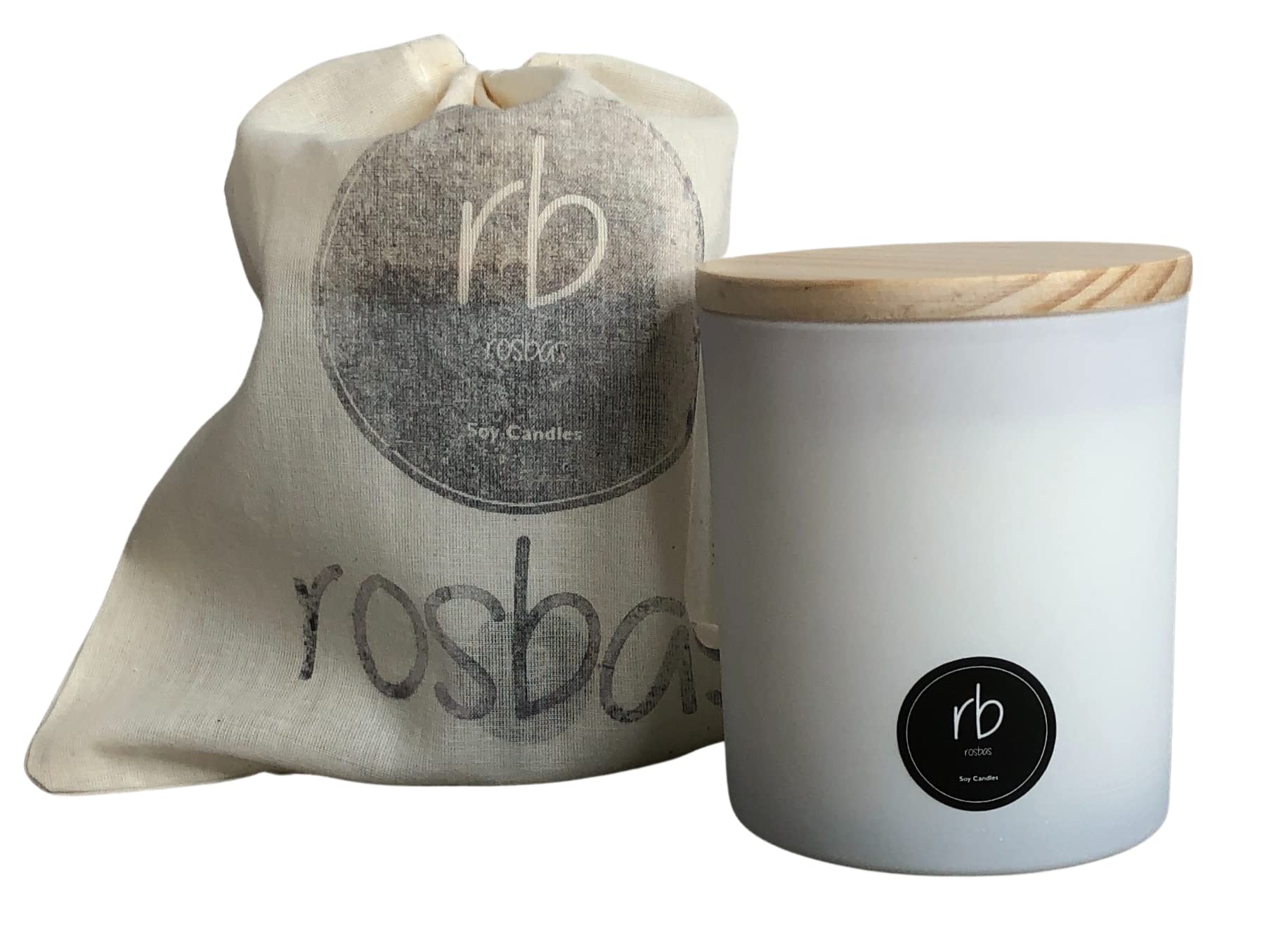 Rosbas Candle, Green Tea & Lemongrass Scented, Natural Soy Wax, White Glass Jar, Wooden Lid, 7 oz, Cotton Wick, Drawstring Cotton Bag, Long Burn Time, Home, Non-Toxic,Handmade in USA