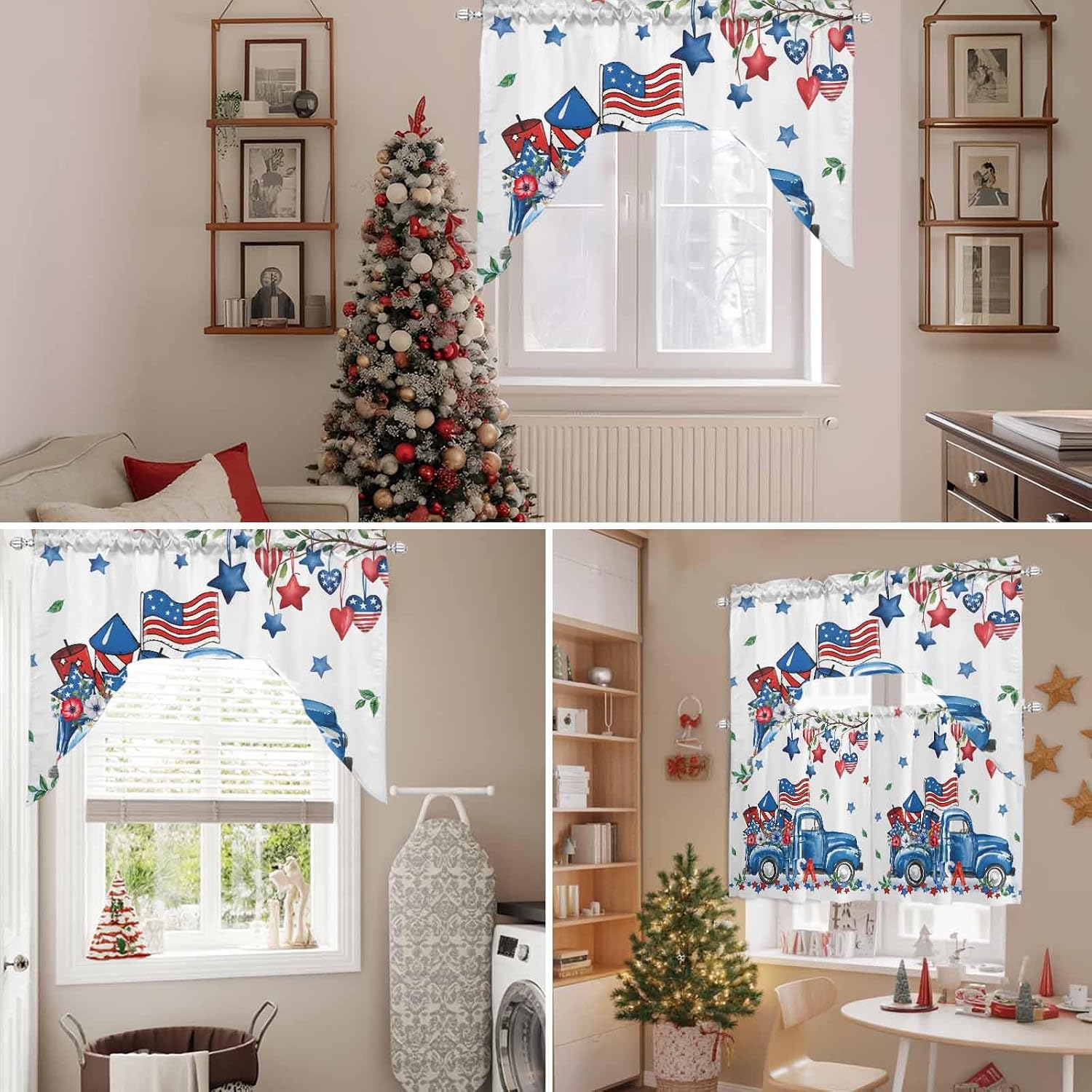 Independence Day Kitchen Curtains and Valance Set,Farmhouse American Flag Truck Star Love Short Swag Tier Curtain 24 Inch Length for Cafe Living Room Bedroom Bathroom 3Pcs Rod Pocket Window Drapes