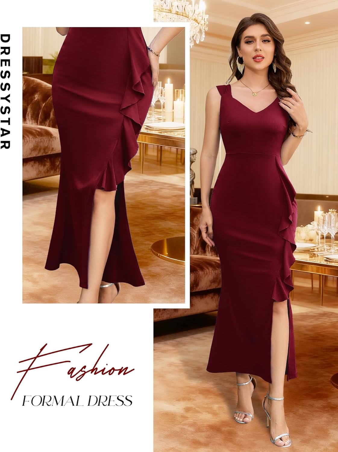 Dressystar Womens V Neck Spring Formal Evening Maxi Dress Bodycon Sleeveless Mermaid Split Wedding Guest Cocktail Dresses - Image 5