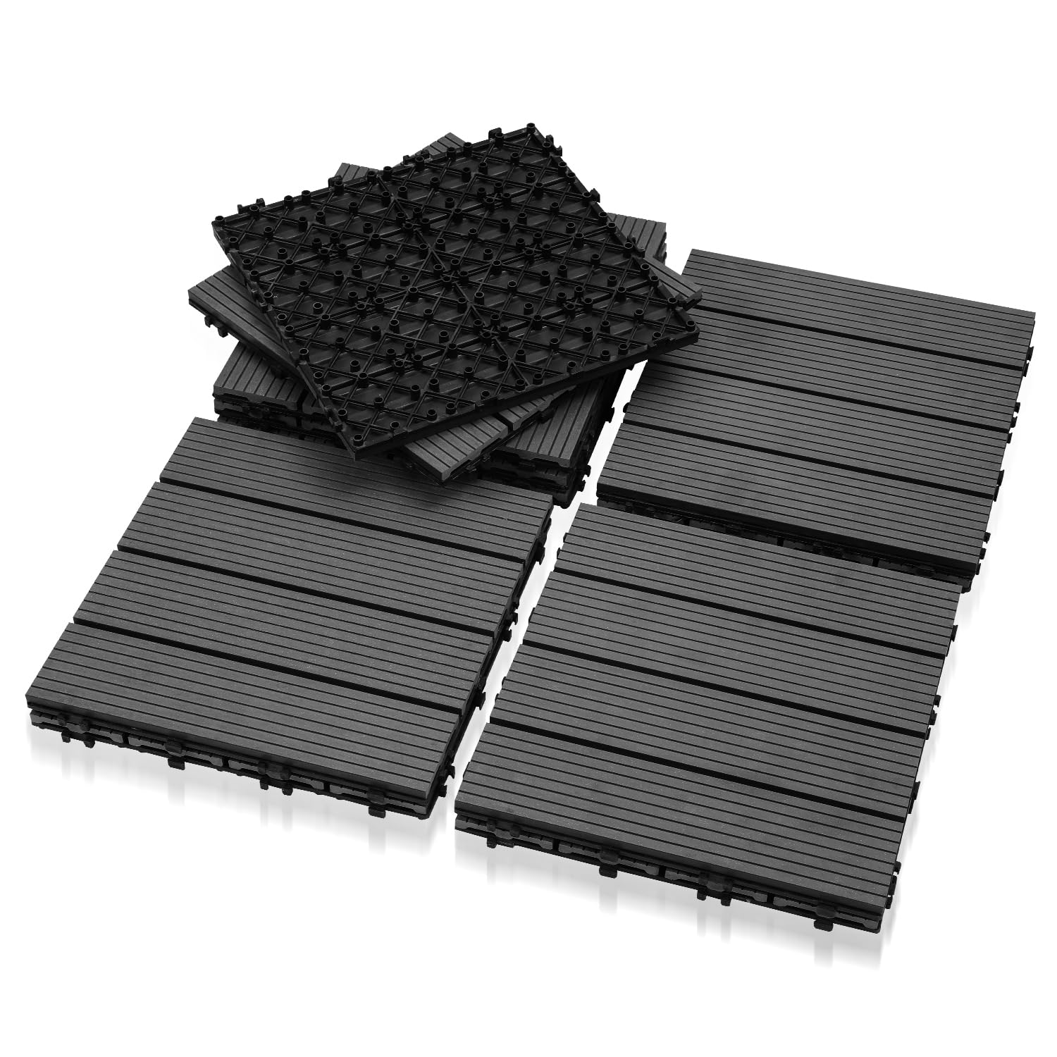 Płytki WPC, 30 x 30 cm, 66 sztuk na 6 m², płytki tarasowe z WPC, płytki podłogowe na balkon, z systemem zatrzaskowym, deski tarasowe, odporne na warunki atmosferyczne, z drenażem, łatwe do