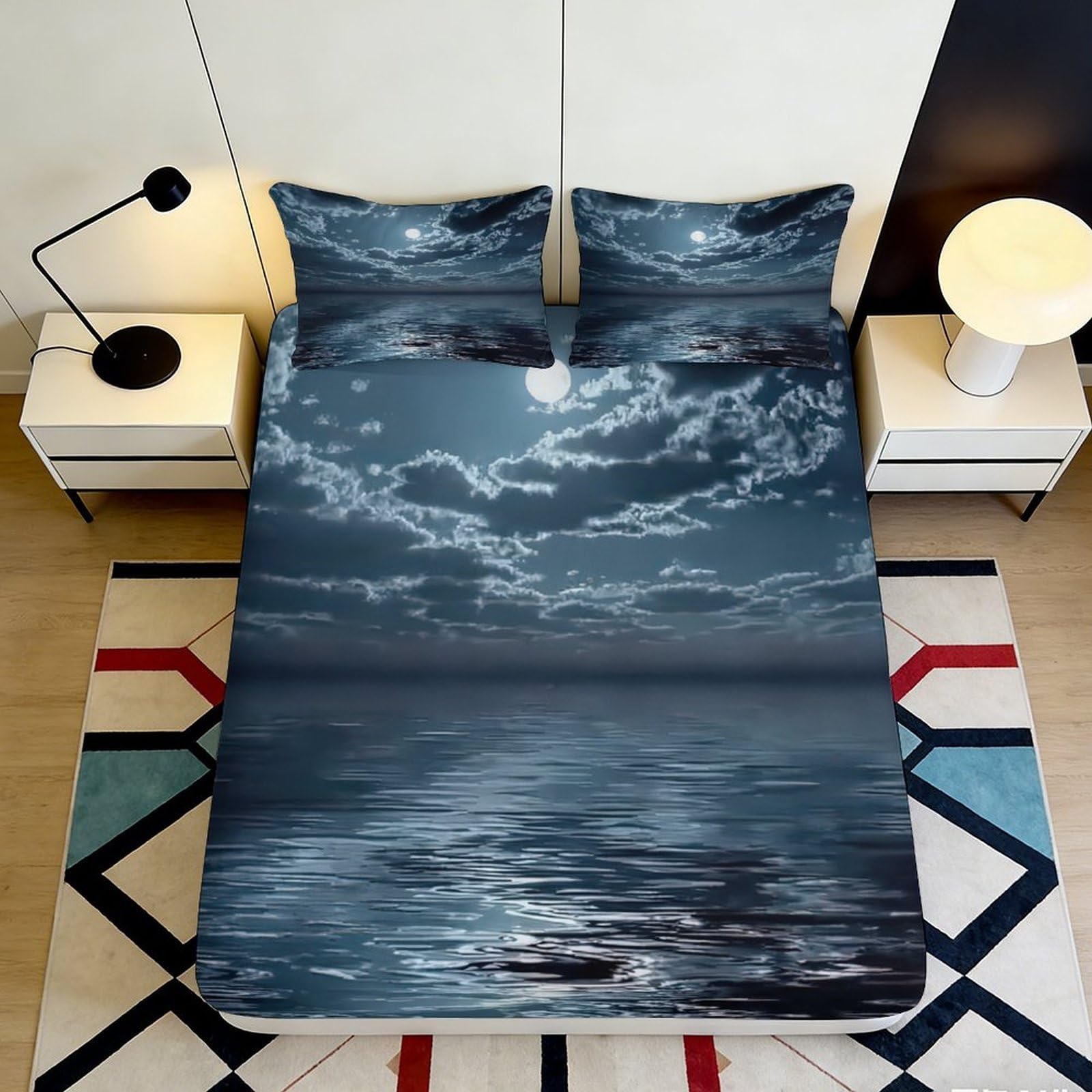 3D Printed Moonlit Ocean Fitted Sheet Microfiber Soft Anti-Slip Night Sky Mattress Cover Washable for Bedroom Decor 160x200x25cm