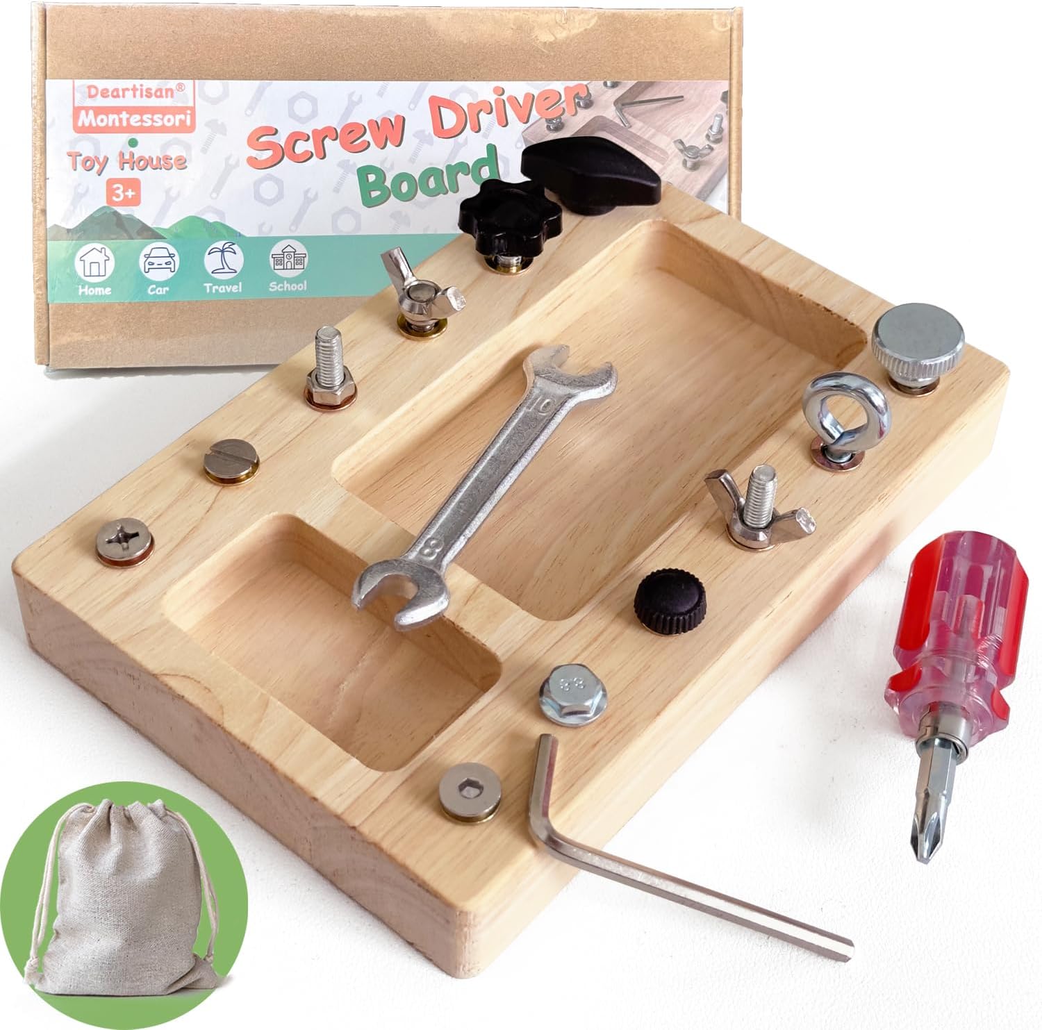 Montessori Screwdriver Board Sets for Kids, Wooden Large Educational Sensory Board for Toddler STEM Basic Skills Busy Board Real Screw Driver Learning Practical Toys for Kindergarten (12 Hole Board)