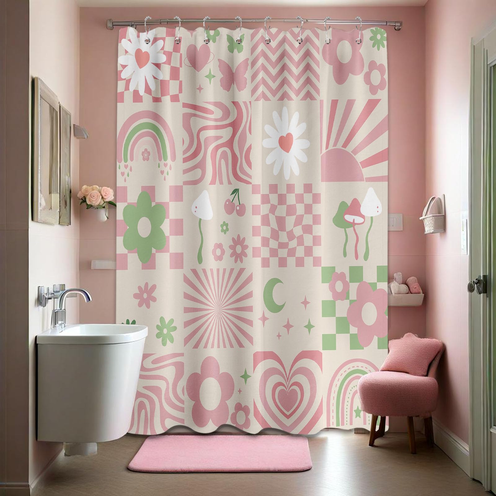 Tonmue Retro Shower Curtain Cute Pink Y2k Groovy Girls, image size:1600x1600