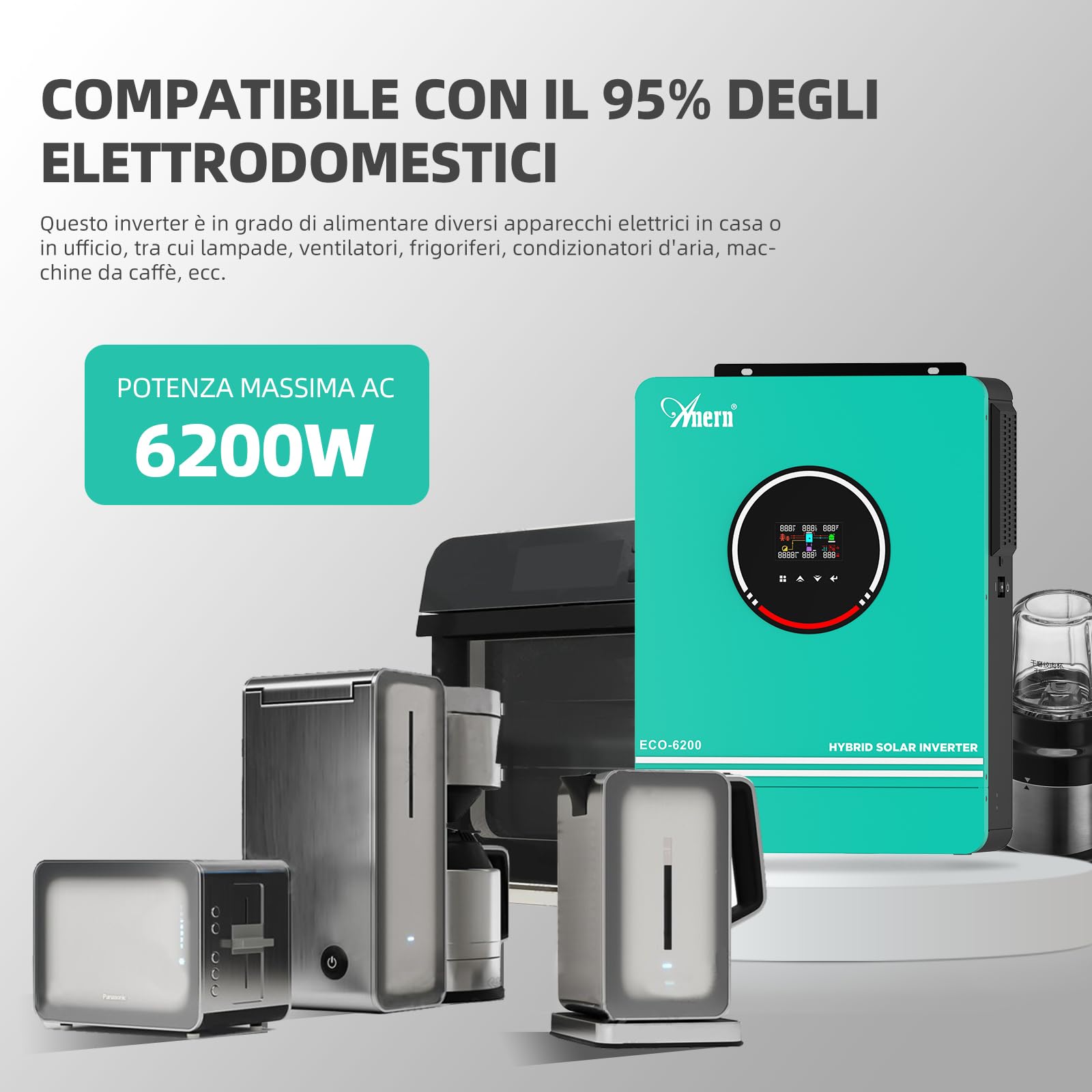 Anern 6.2KW Inverter Ibrido da DC 48V a AC 230V con 120A MPPT Regolatore di Carica Solare, onda sinusoidale pura, FV 60-500VDC, Inverter Fotovoltaico con Modulo WiFi, funziona senza batteria