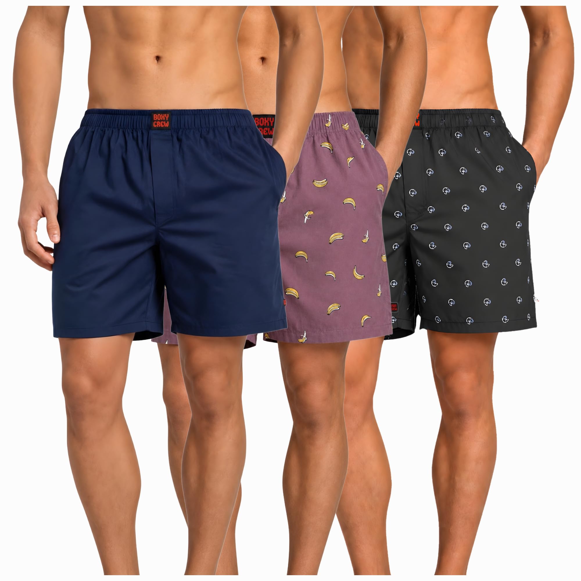 Men's 100% Cotton Boxer Shorts Pack of 3, Navy Blue, Rose Pink & Navy Blue | Woven Boxers with Side Pockets, No-Marks Elastic Waistband, Breathable Relaxed Fit | Style 002-006-009-image-49