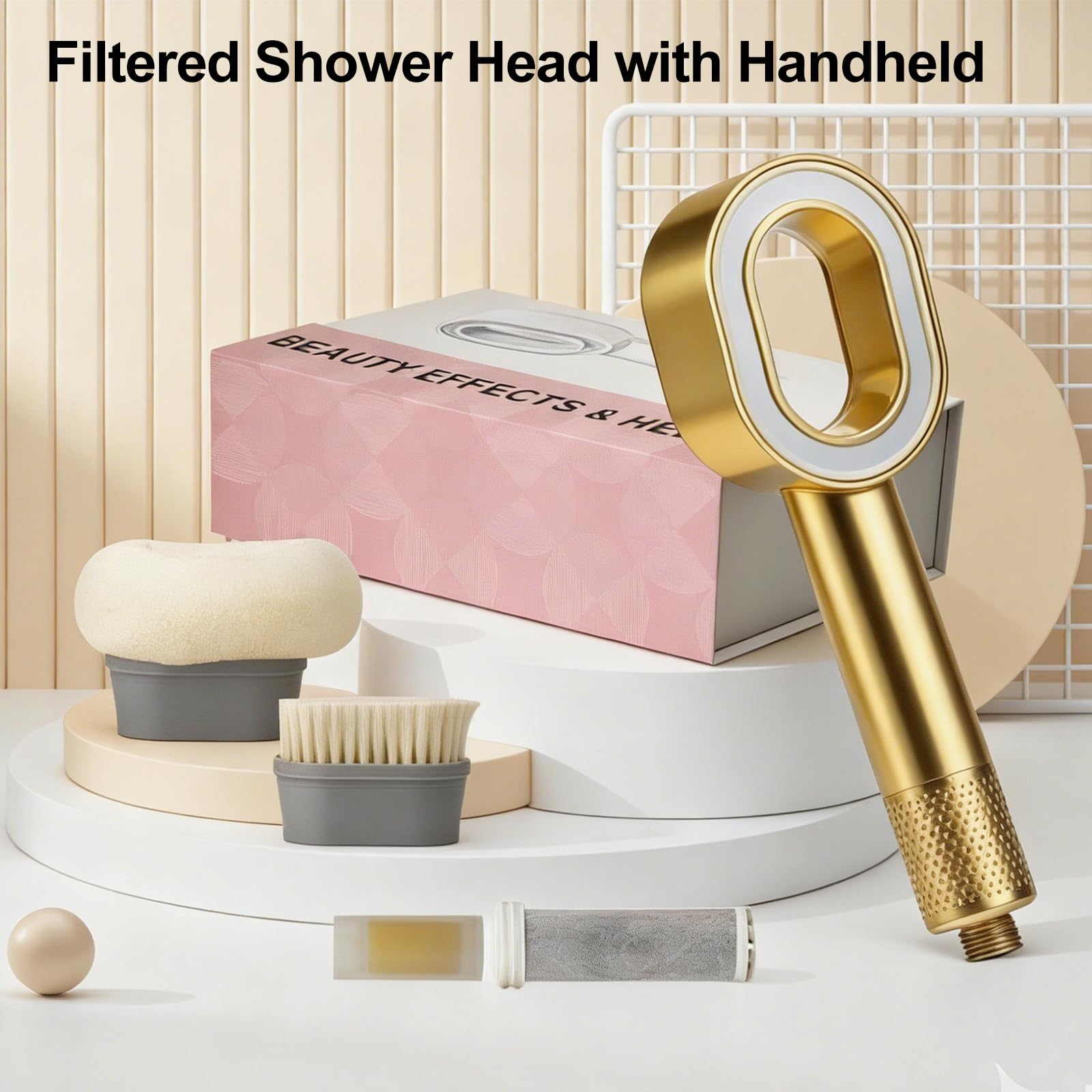 Filtersonic - Alcachofa de ducha 3 en 1 de alta presión con filtro, filtro contra la cal, para aumentar la presión, con esponja para eliminar el agua dura, metal pesado (dorado)