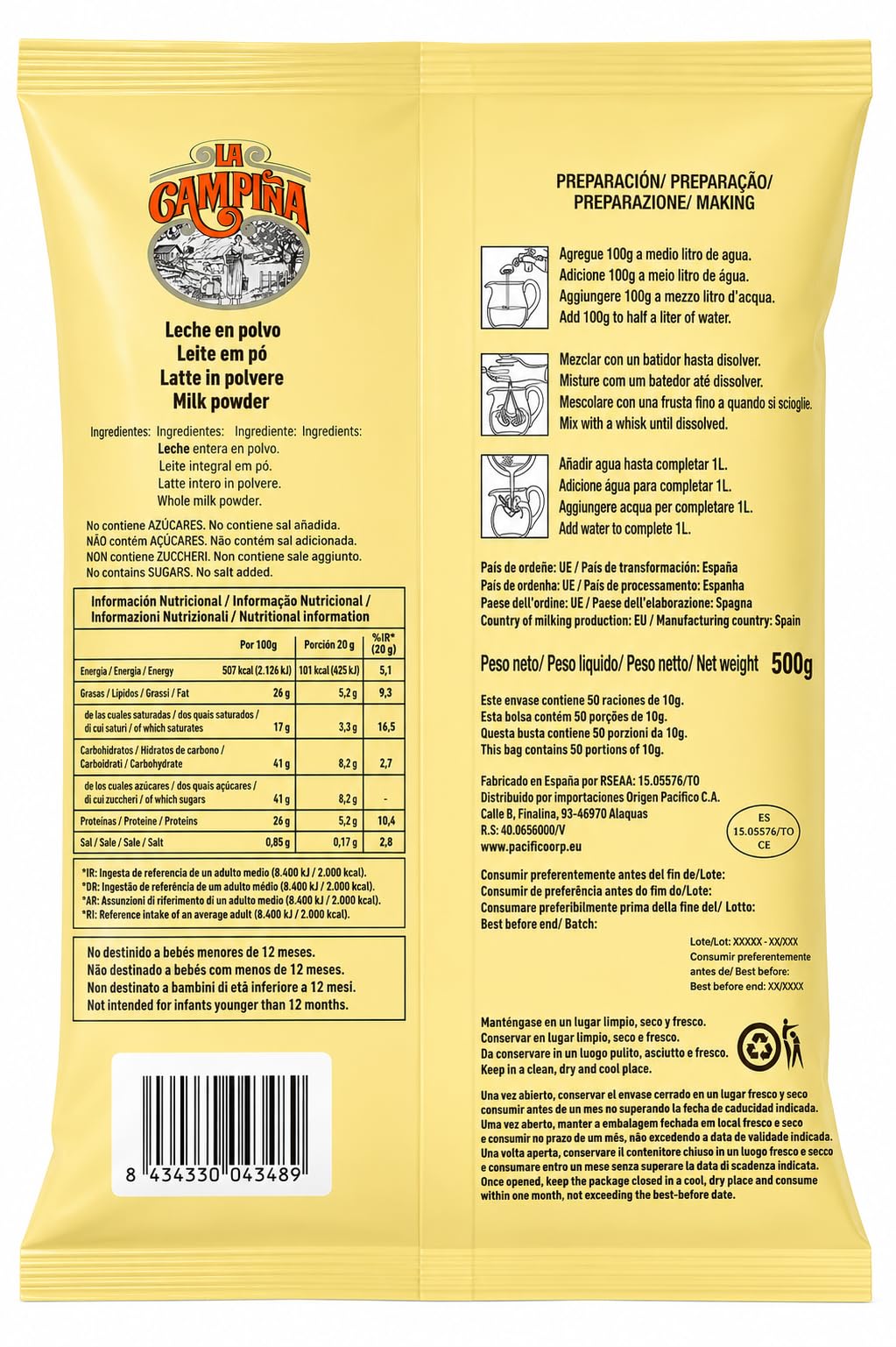 LA CAMPIÑA Leche en Polvo 26% Materia Grasa 500 G