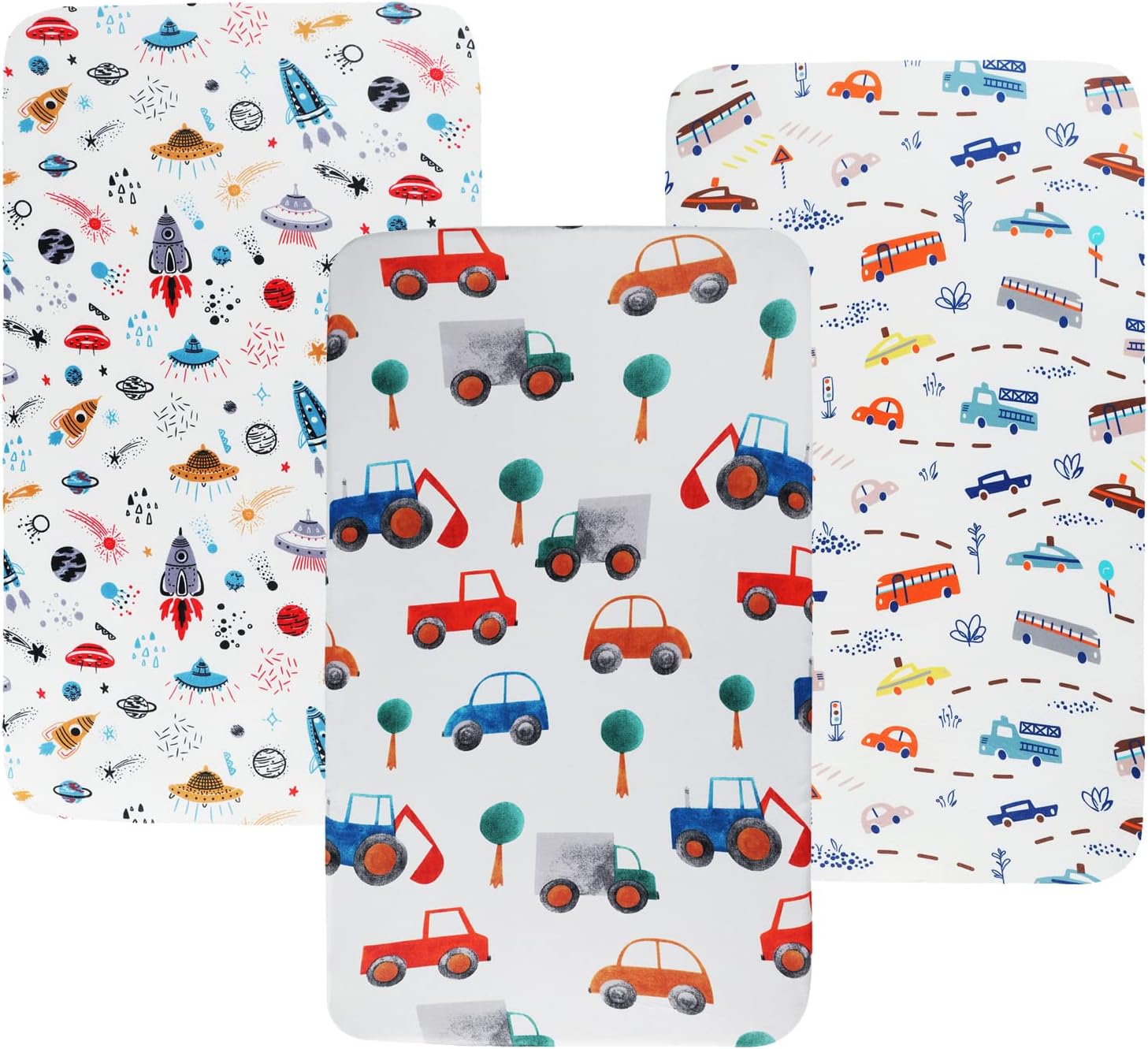 Travel Crib Fitted Sheets Set 3 Pack Compatible with Baby Bjorn, Guava Lotus Travel Crib and 24 x 42 Inch Travel Light Playard Mattress Ultra Soft Jersey Material,Rocket Satellite,Car & Bus